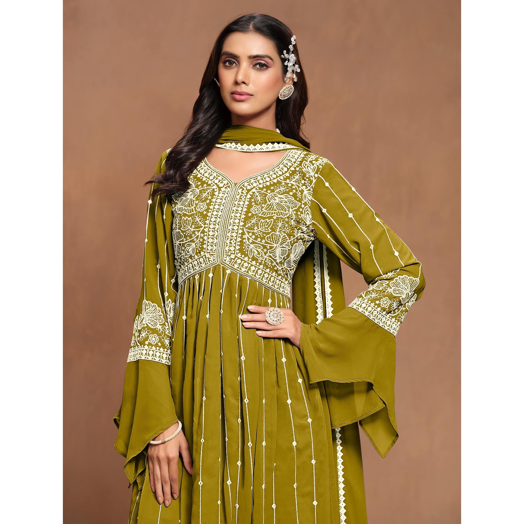Dark Mustard Floral Embroidered Georgette Semi Stitched Alia Cut Sharara Suit