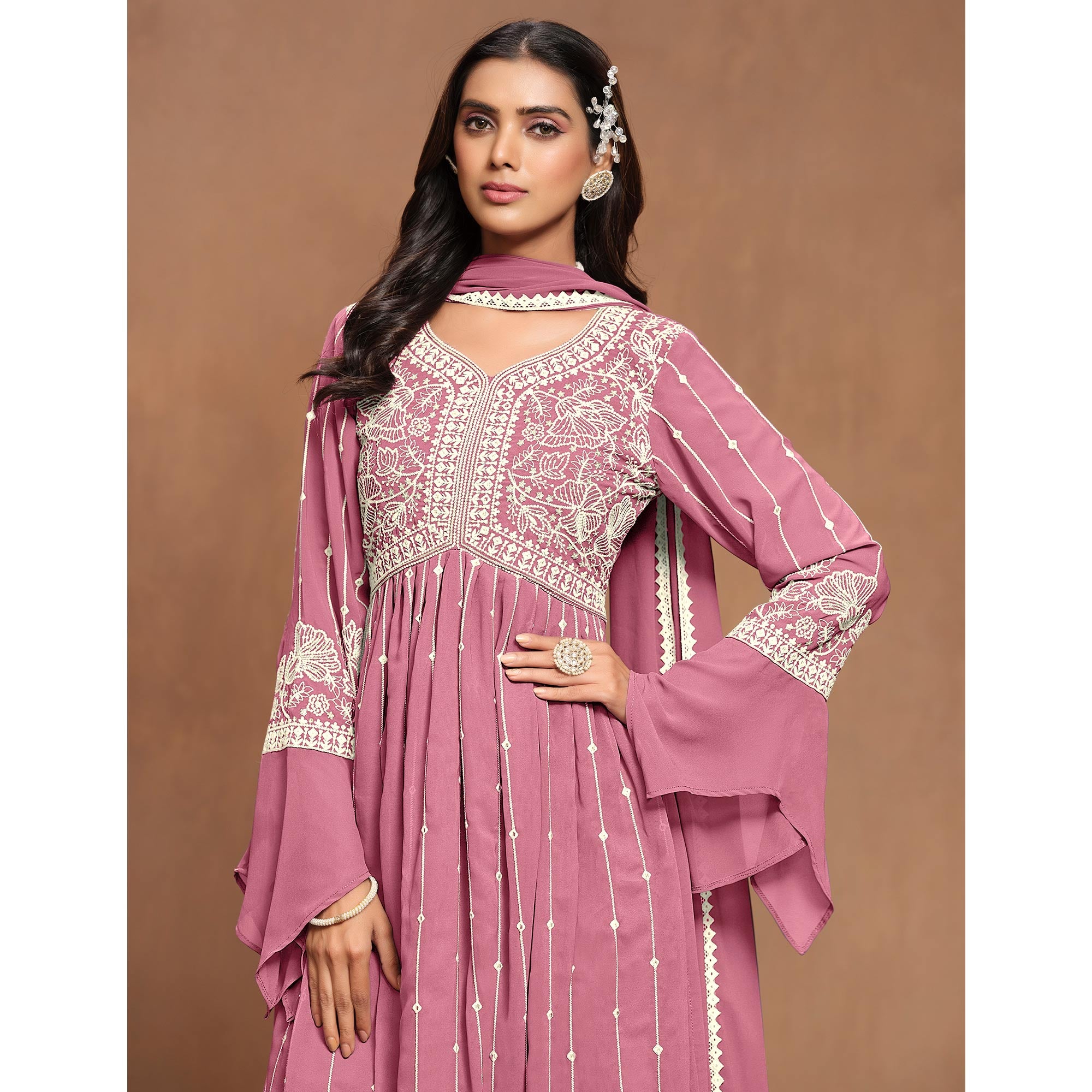 Pink Floral Embroidered Georgette Semi Stitched Alia Cut Sharara Suit