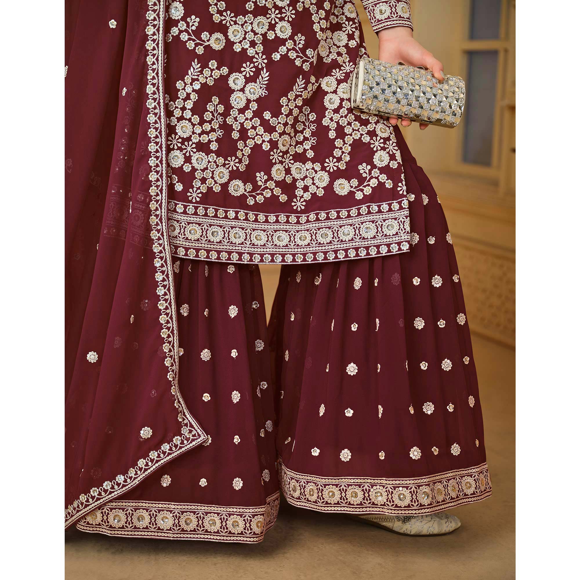 Wine Floral Embroidered Georgette Semi Stitched Sharara Suit