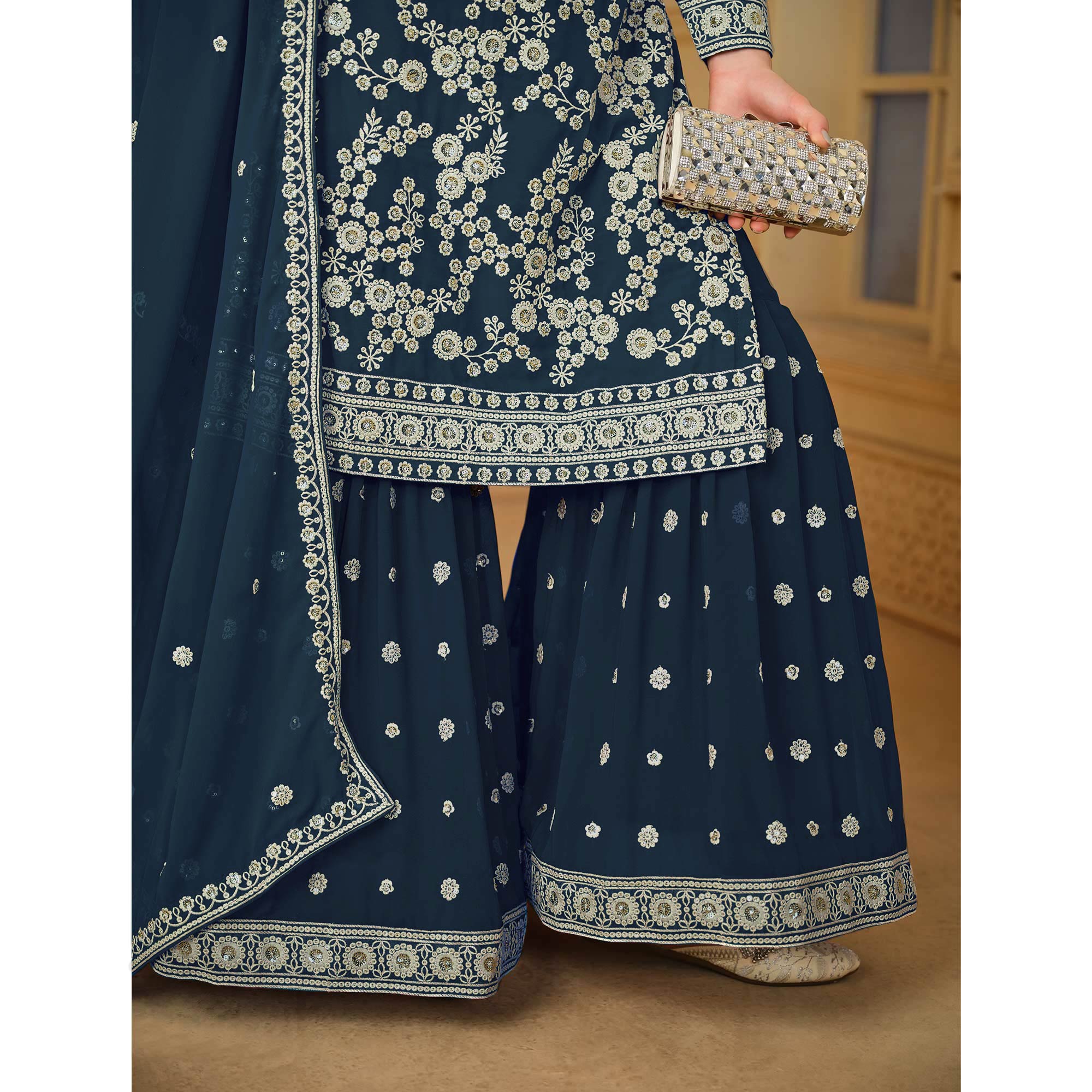 Teal Floral Embroidered Georgette Semi Stitched Sharara Suit