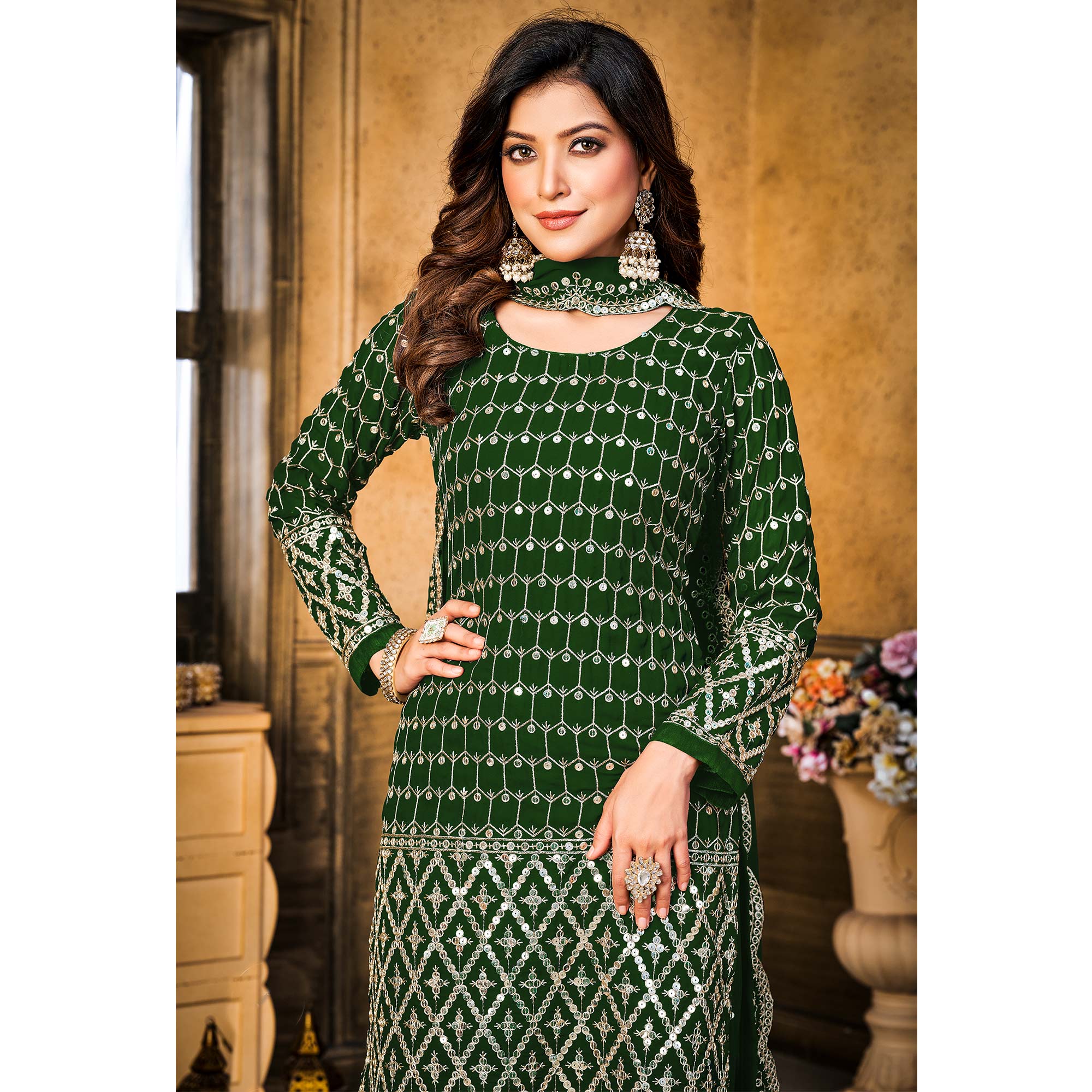 Green Sequins Embroidered Georgette Semi Stitched Suit