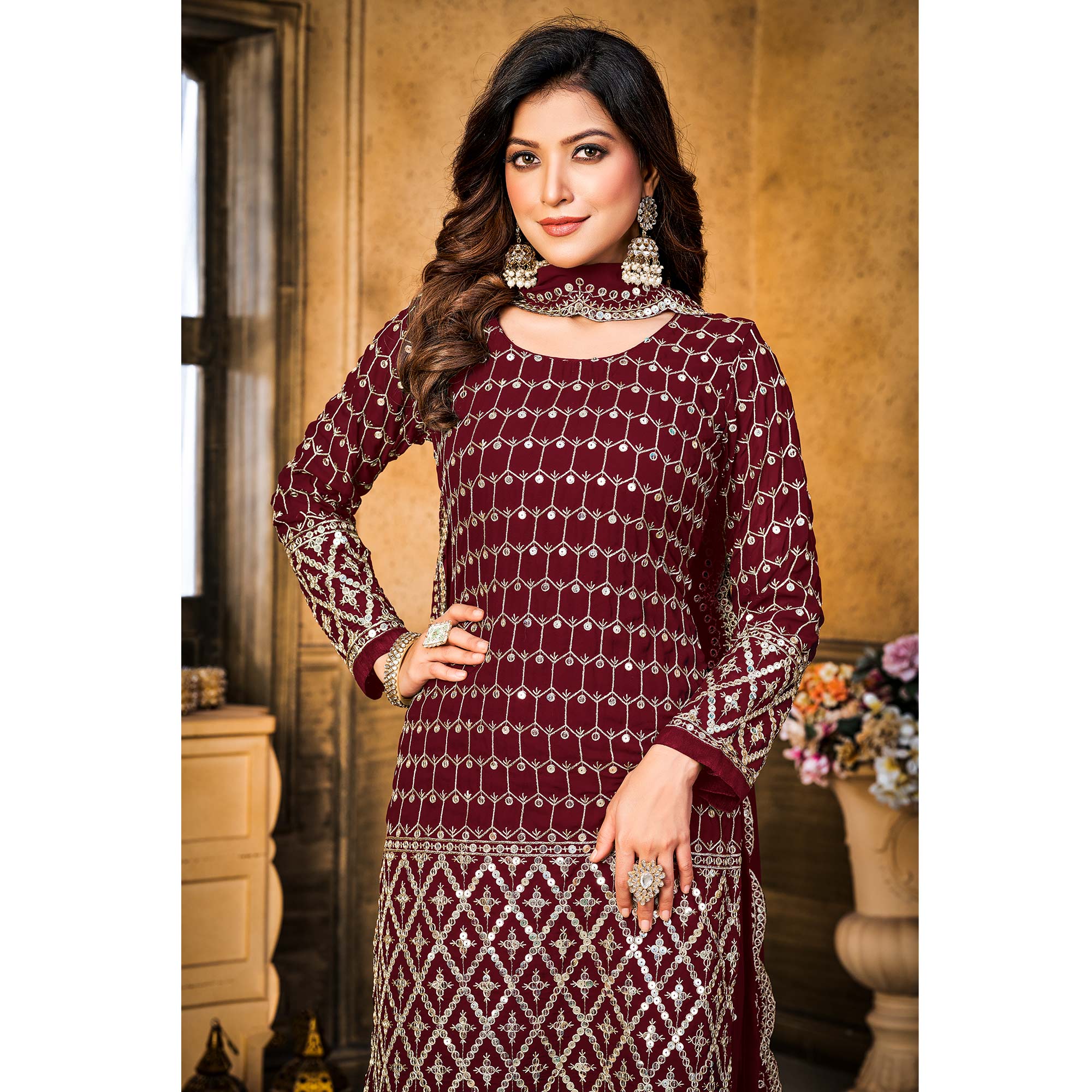 Maroon Sequins Embroidered Georgette Semi Stitched Suit