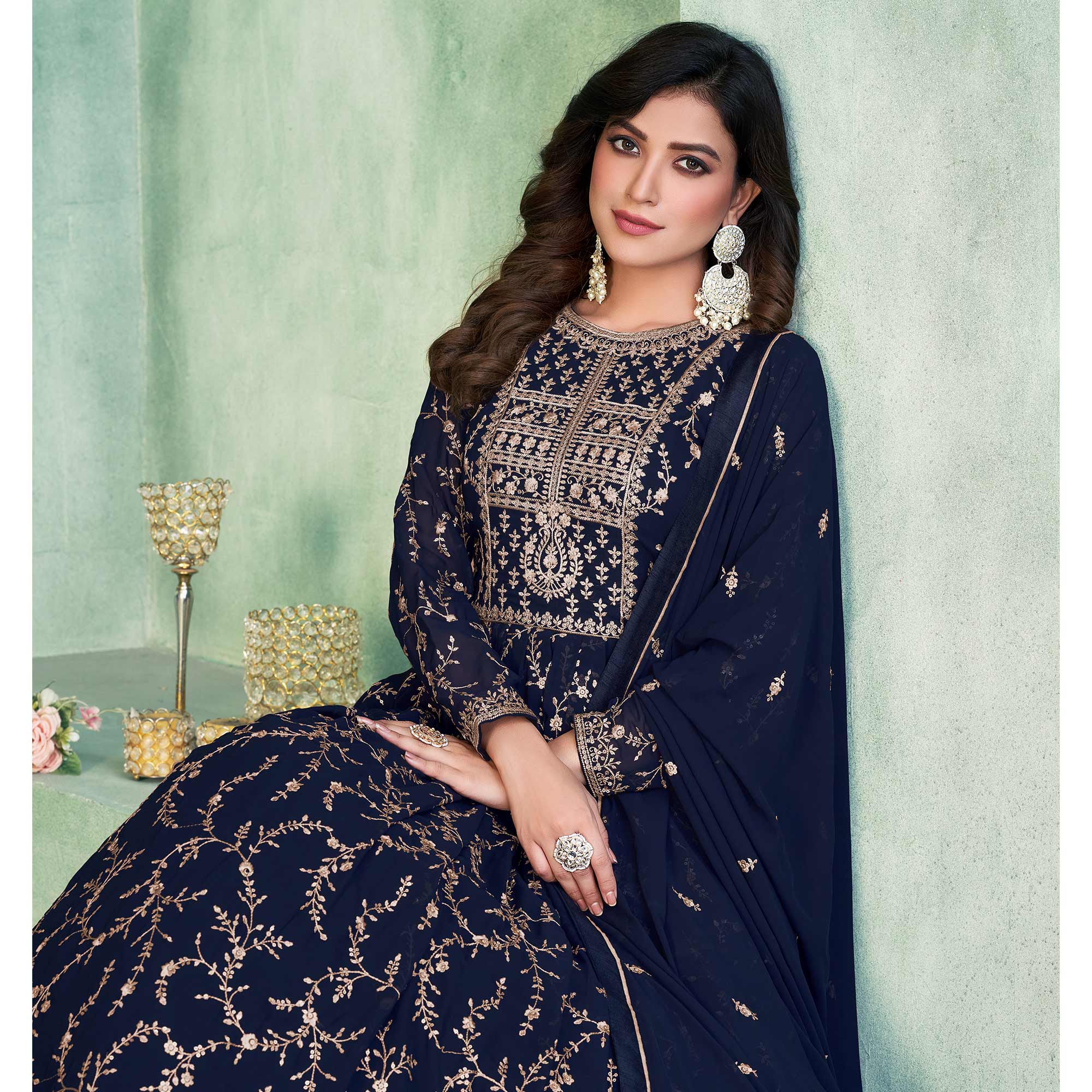 Blue Embroidered Georgette Semi Stitched Anarkali Suit