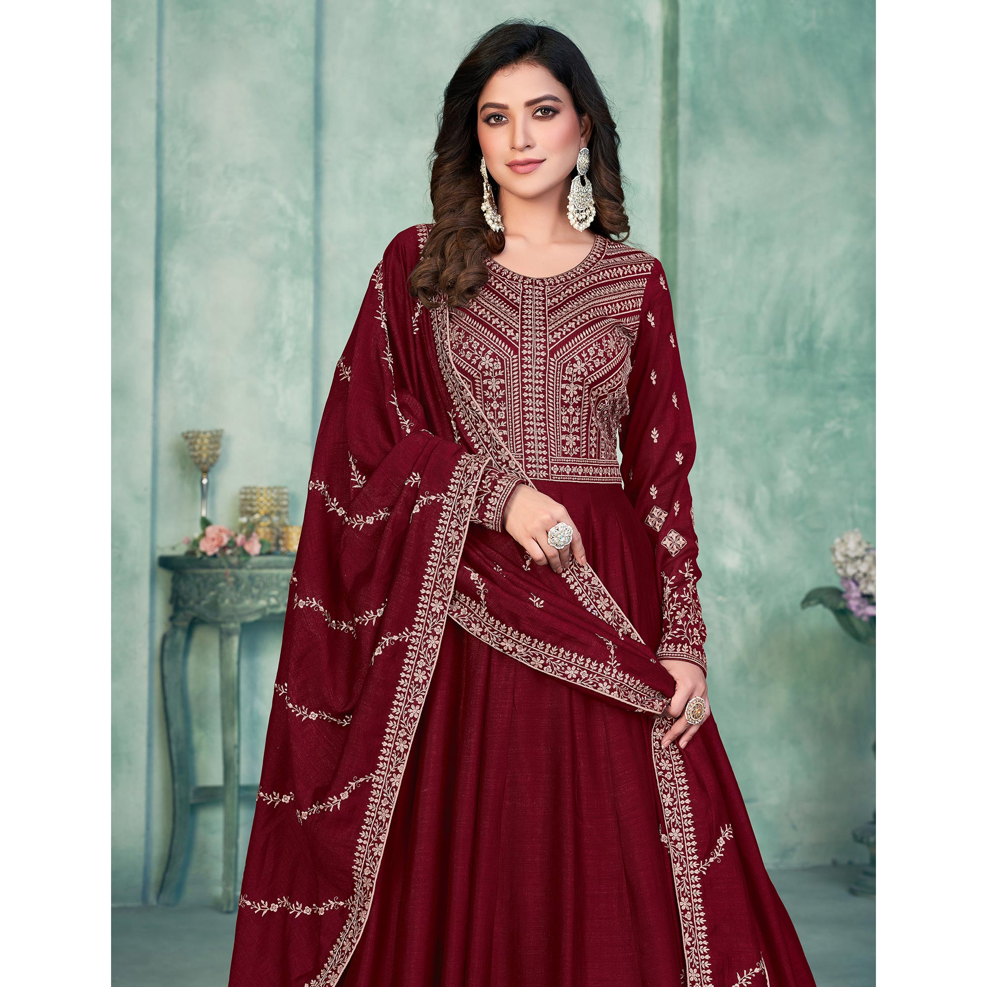 Maroon Embroidered Art Silk Semi Stitched Anarkali Suit