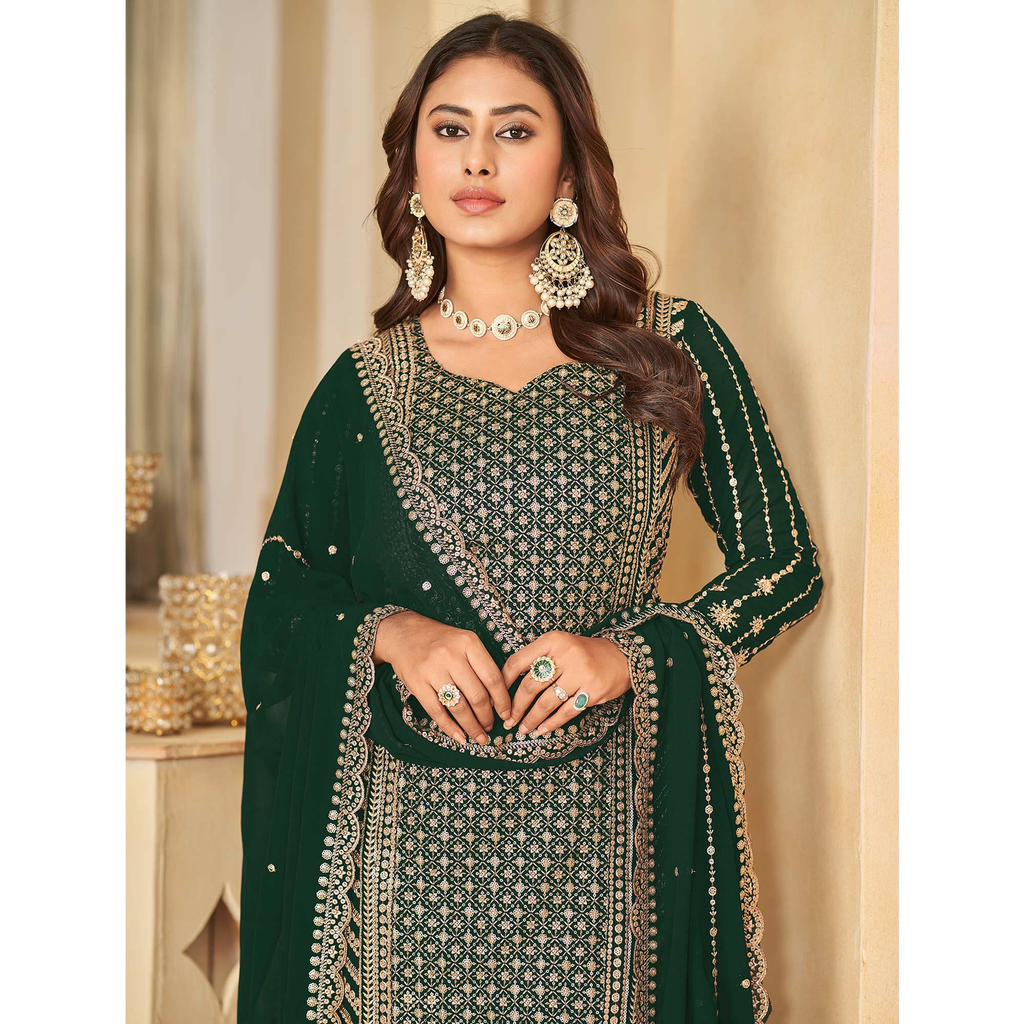 Green Sequins Embroidered Georgette Semi Stithed Sharara Suit