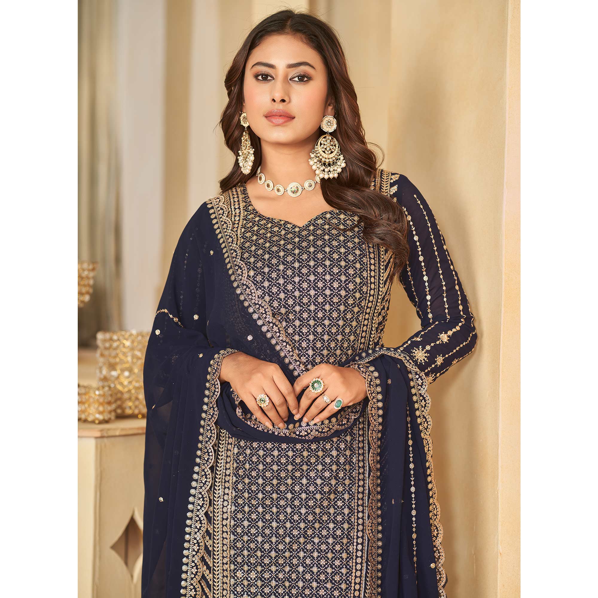 Blue Sequins Embroidered Georgette Semi Stithed Sharara Suit