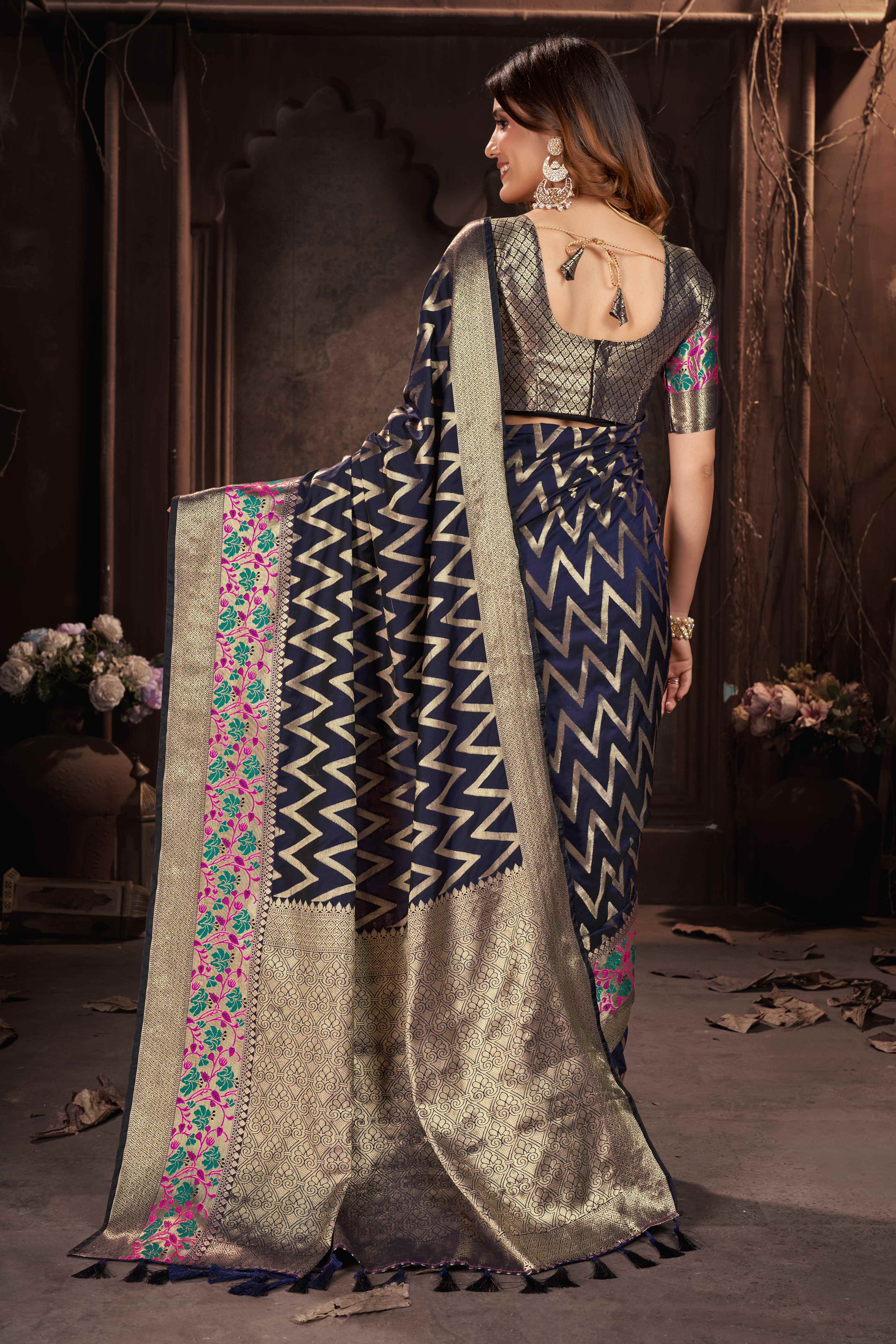 Navy Blue Zari Weaving Banarasi Silk Saree