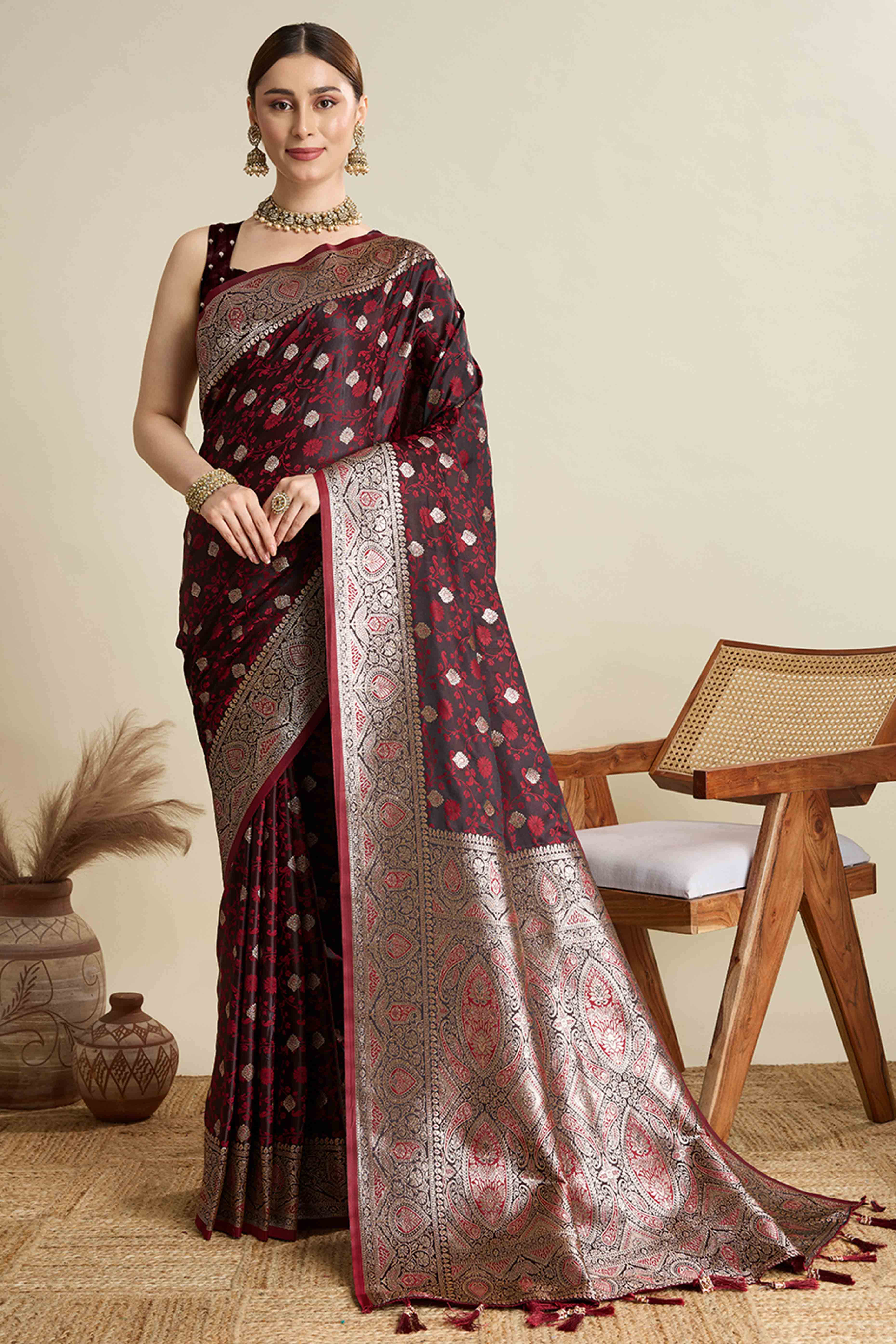Wine Pure Silk Saree Featuring Traditional Banarasi Zari Weaving Patterns