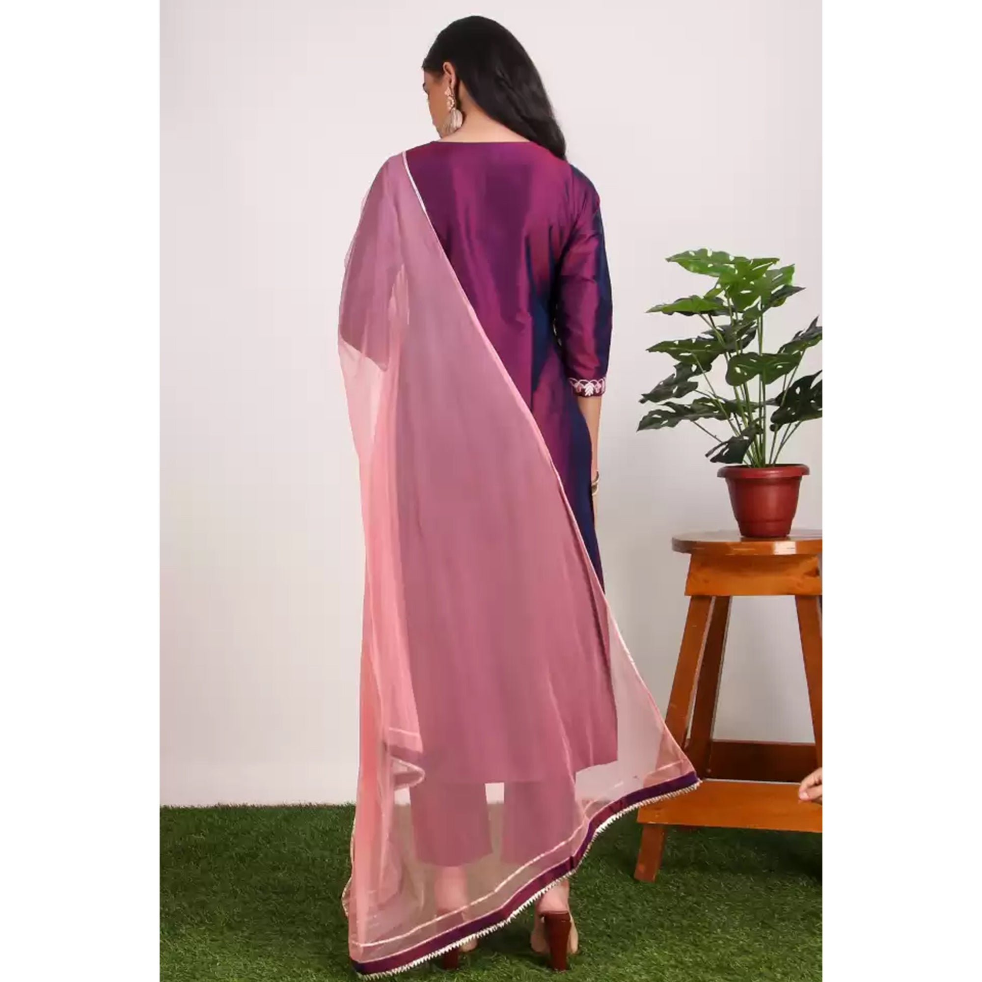 Purple Floral Embroidered Cotton Silk Suit