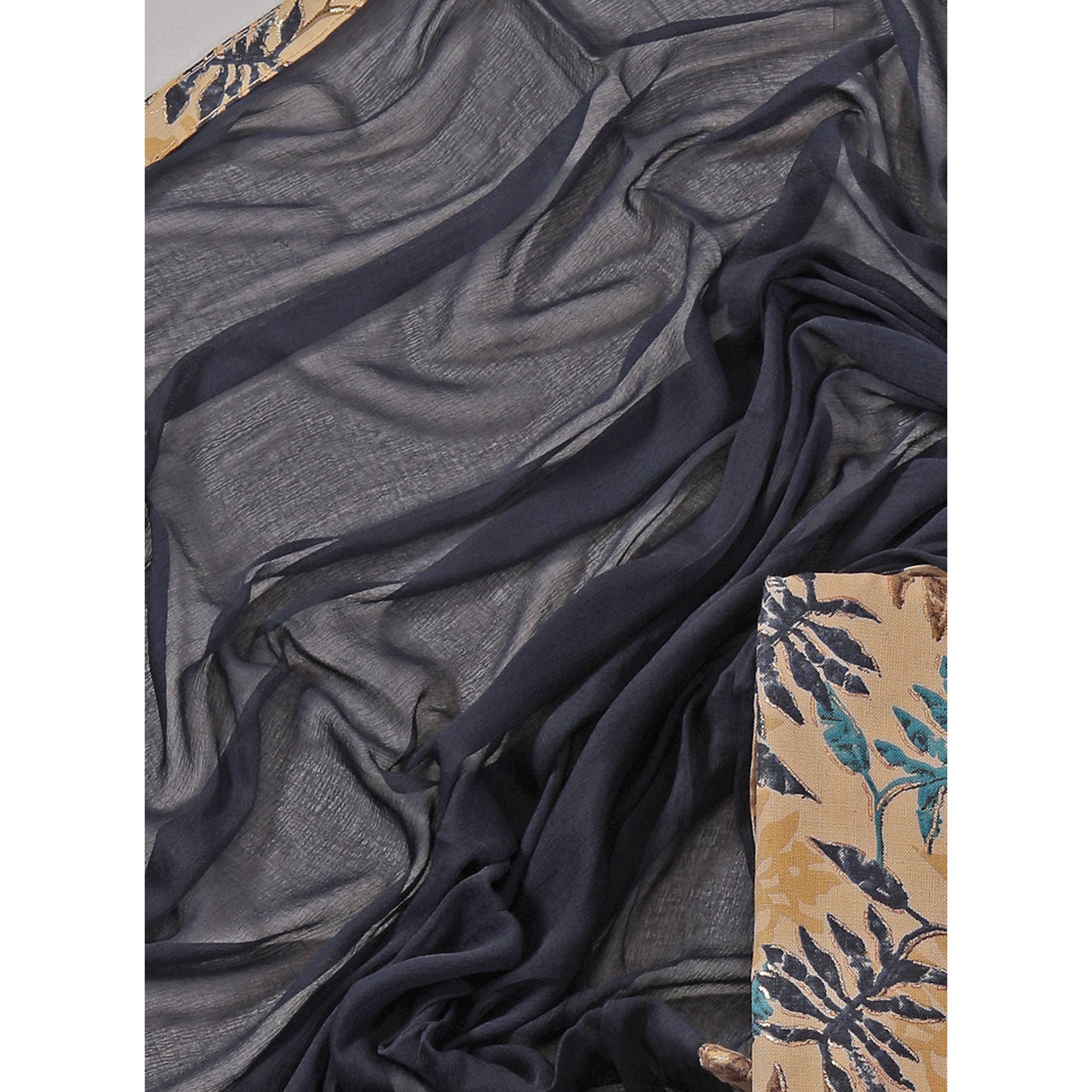 Chikoo & Navy Blue Foil Printed With Handwork Pure Pure Cotton Dress Material