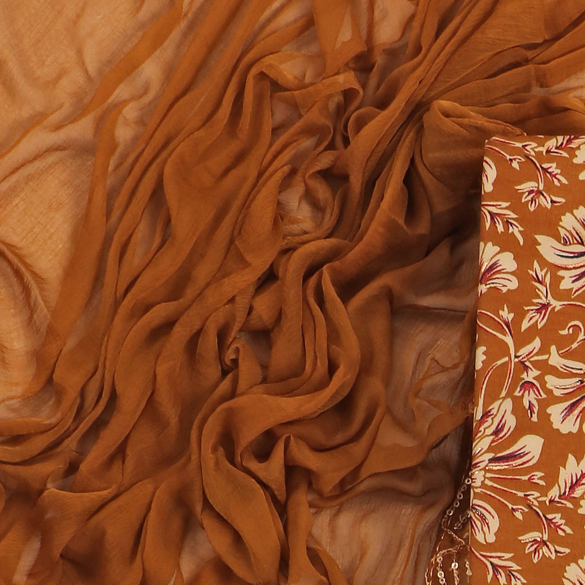 Mustard Floral Foil Printed Cotton Blend Dress Material