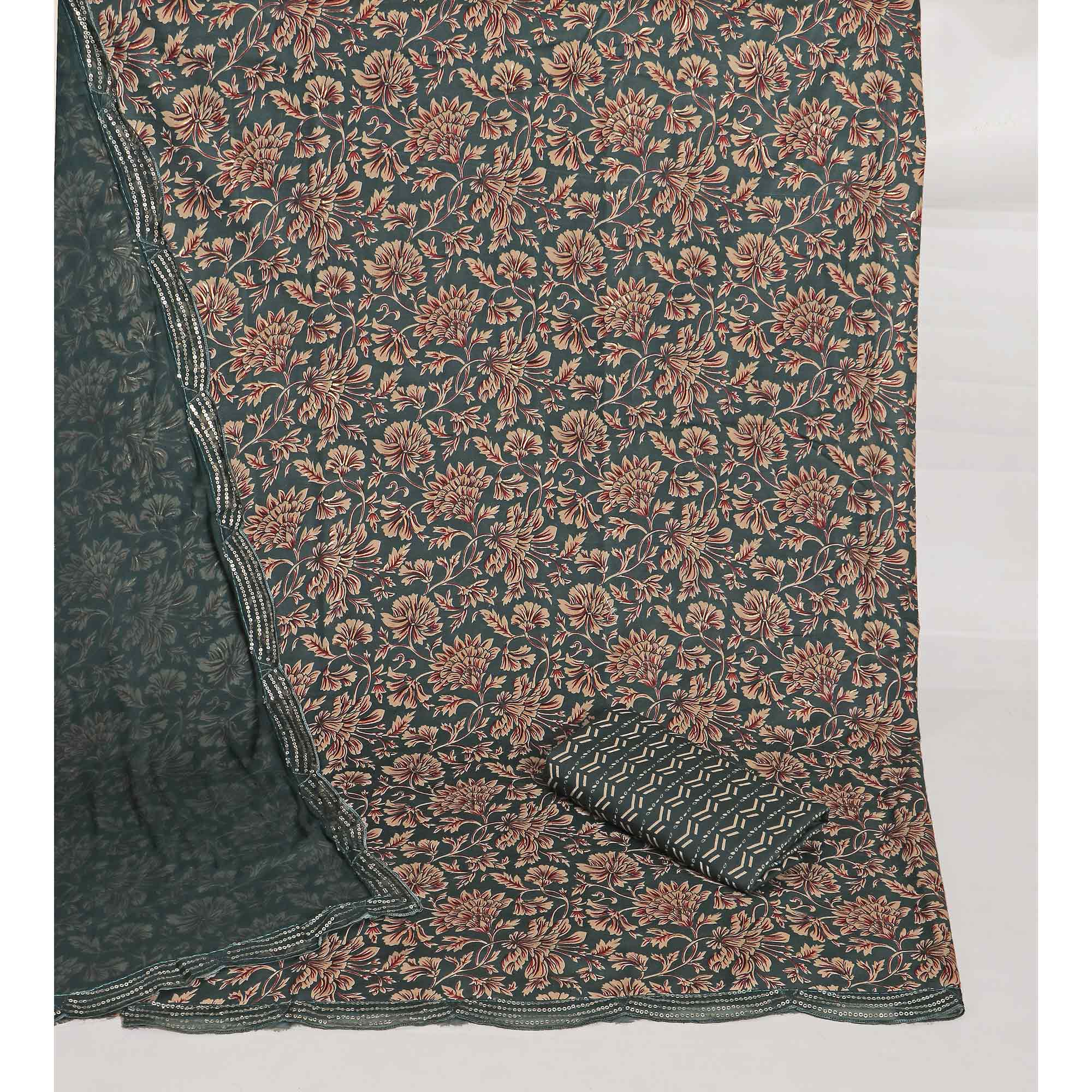 Teal Floral Foil Printed Cotton Blend Dress Material