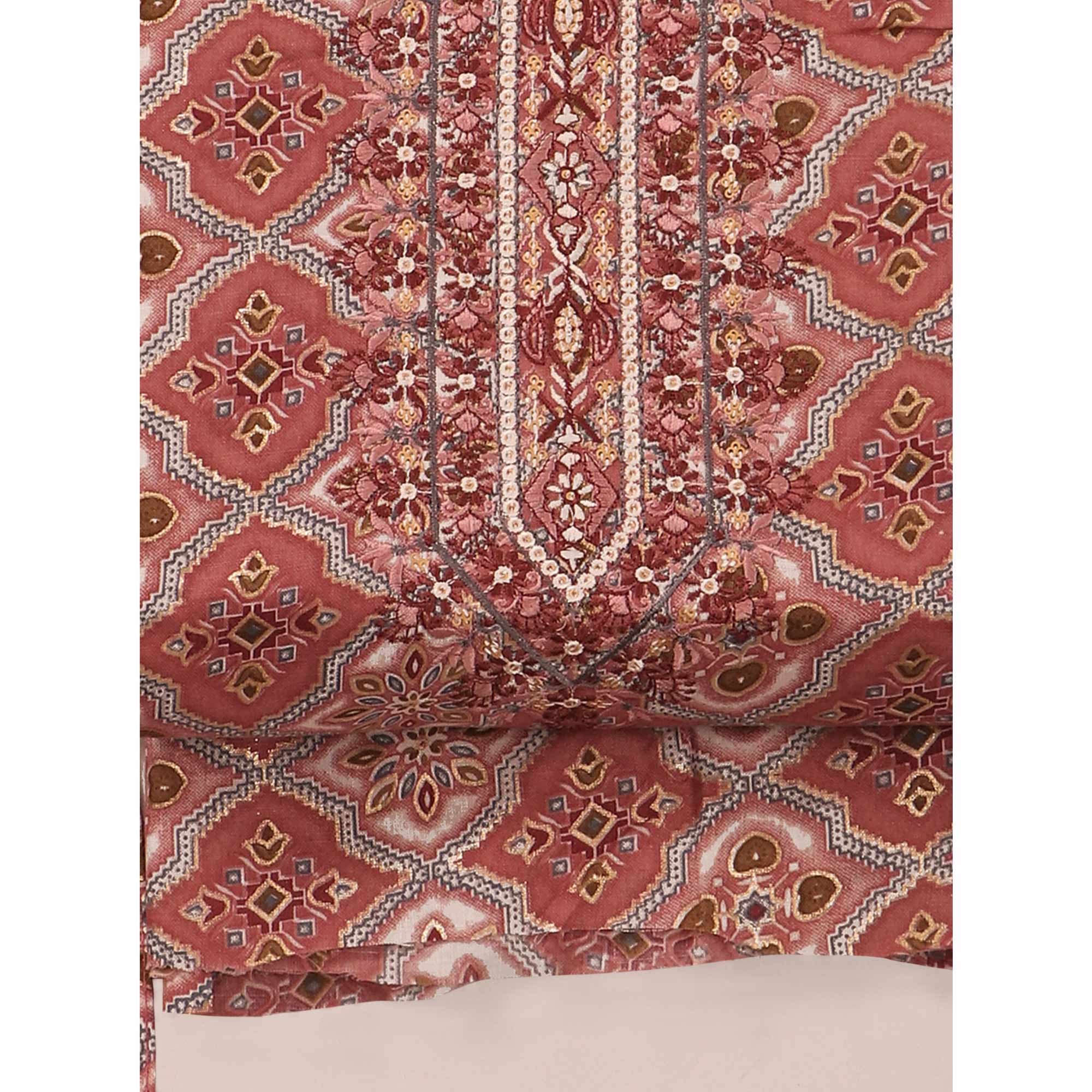 Peach Foil Print With Embroidered Pure Cotton Dress Material
