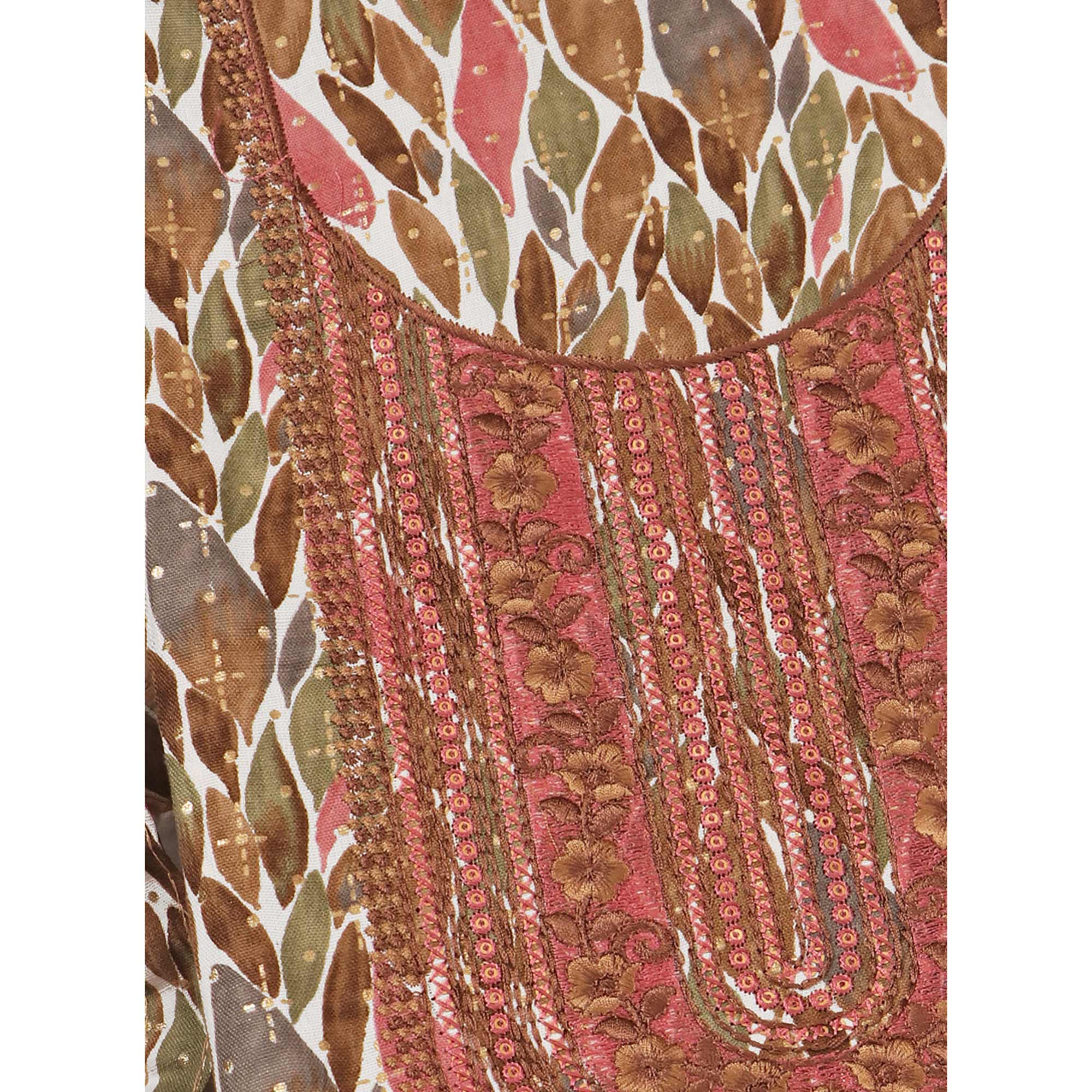 Brown Foil Printed With Embroidery Pure Cotton Dress Material