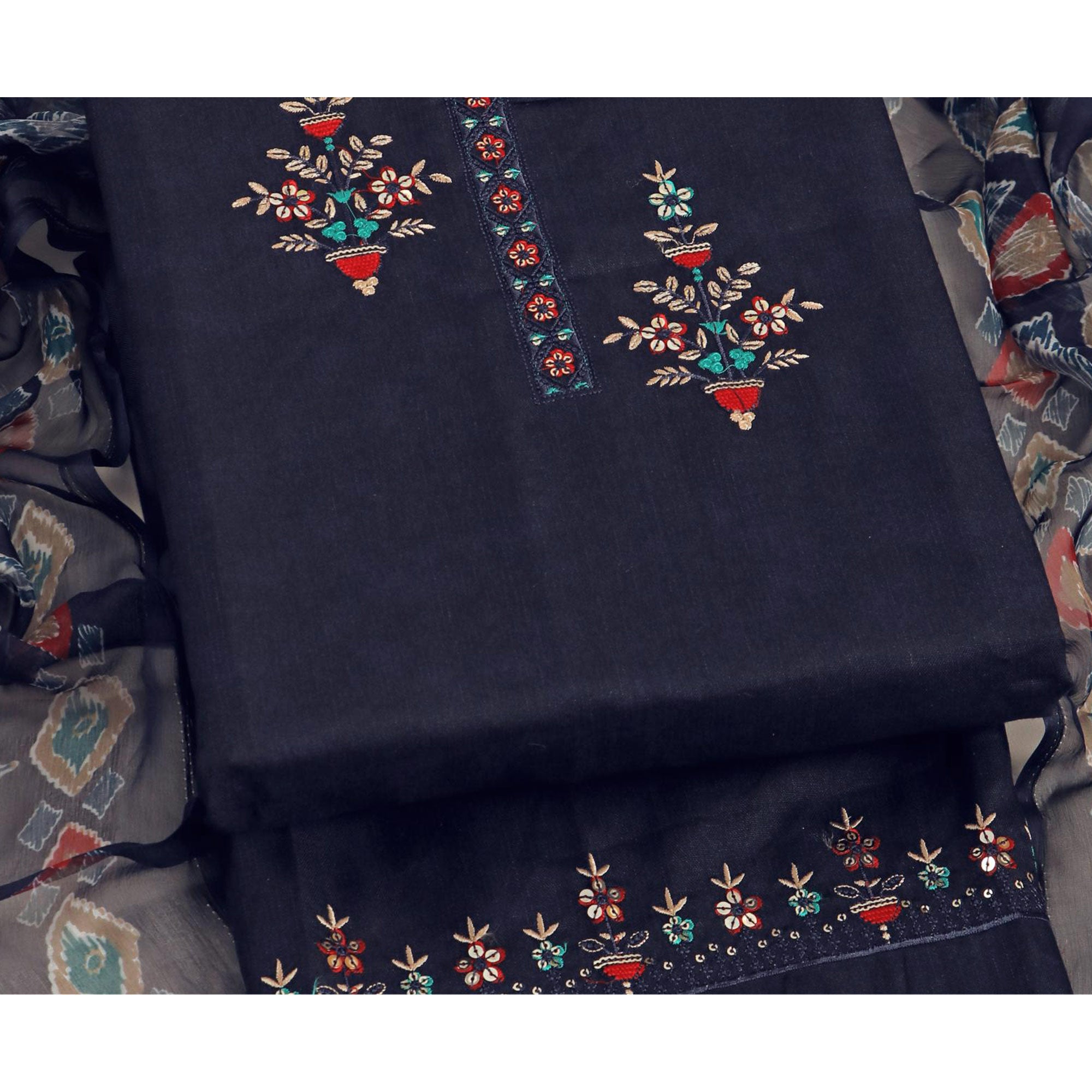 Navy Blue Floral Sequins Embroidered Pure Cotton Dress Material