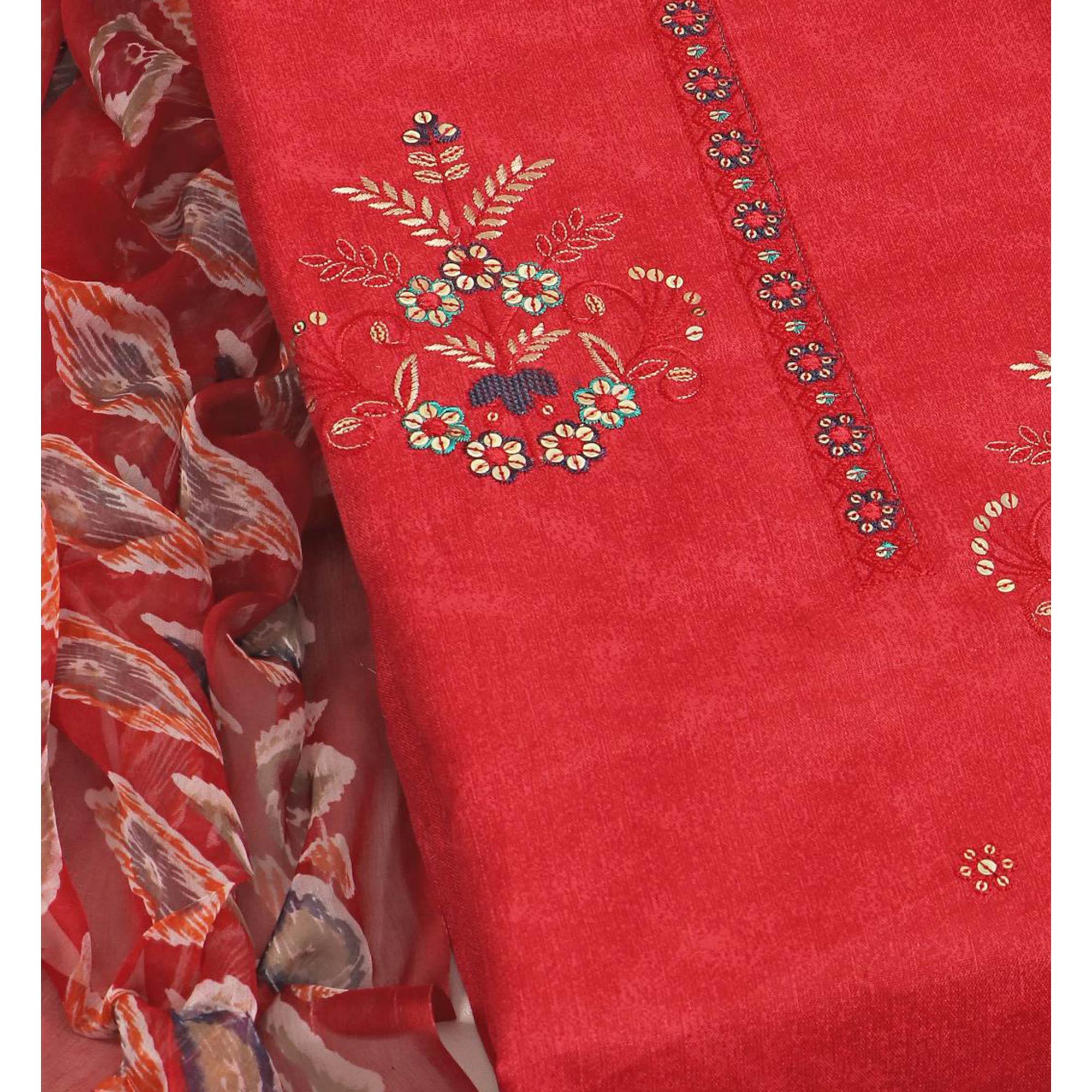 Red Floral Embroidered Pure Cotton Dress Material