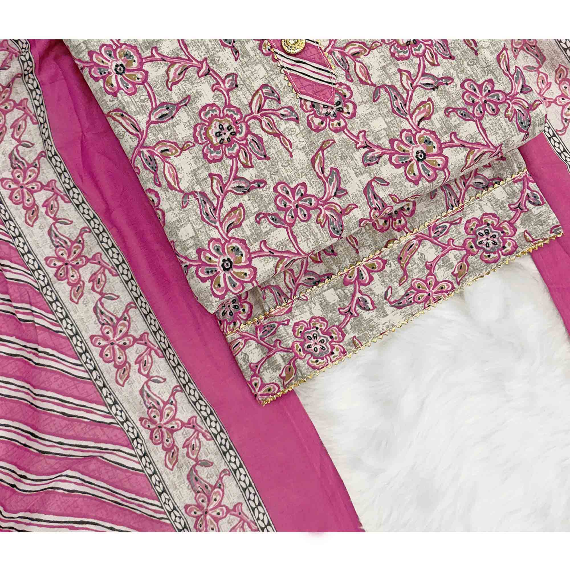 Charming Magenta Floral Printed Cotton Blend Dress Material Featuring Intricate Lace Border