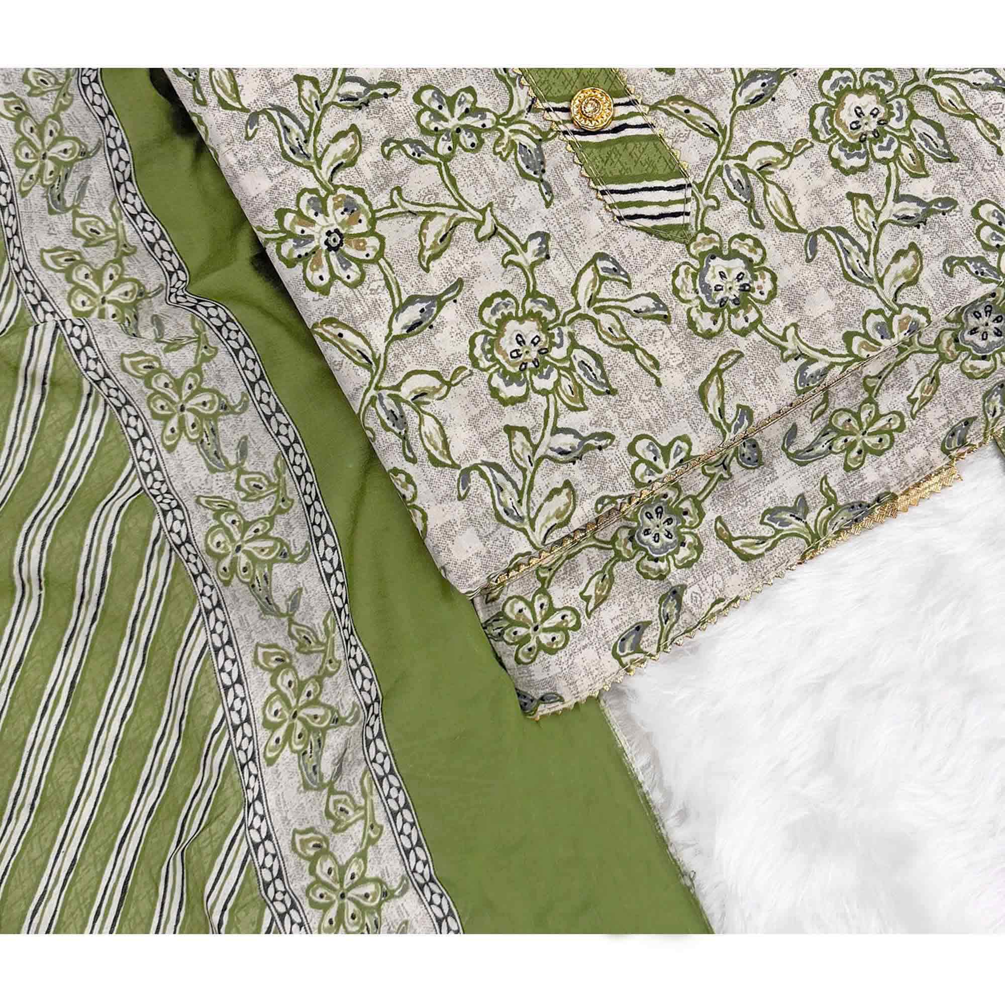 Charming Green Floral Printed Cotton Blend Dress Material Featuring Intricate Lace Border