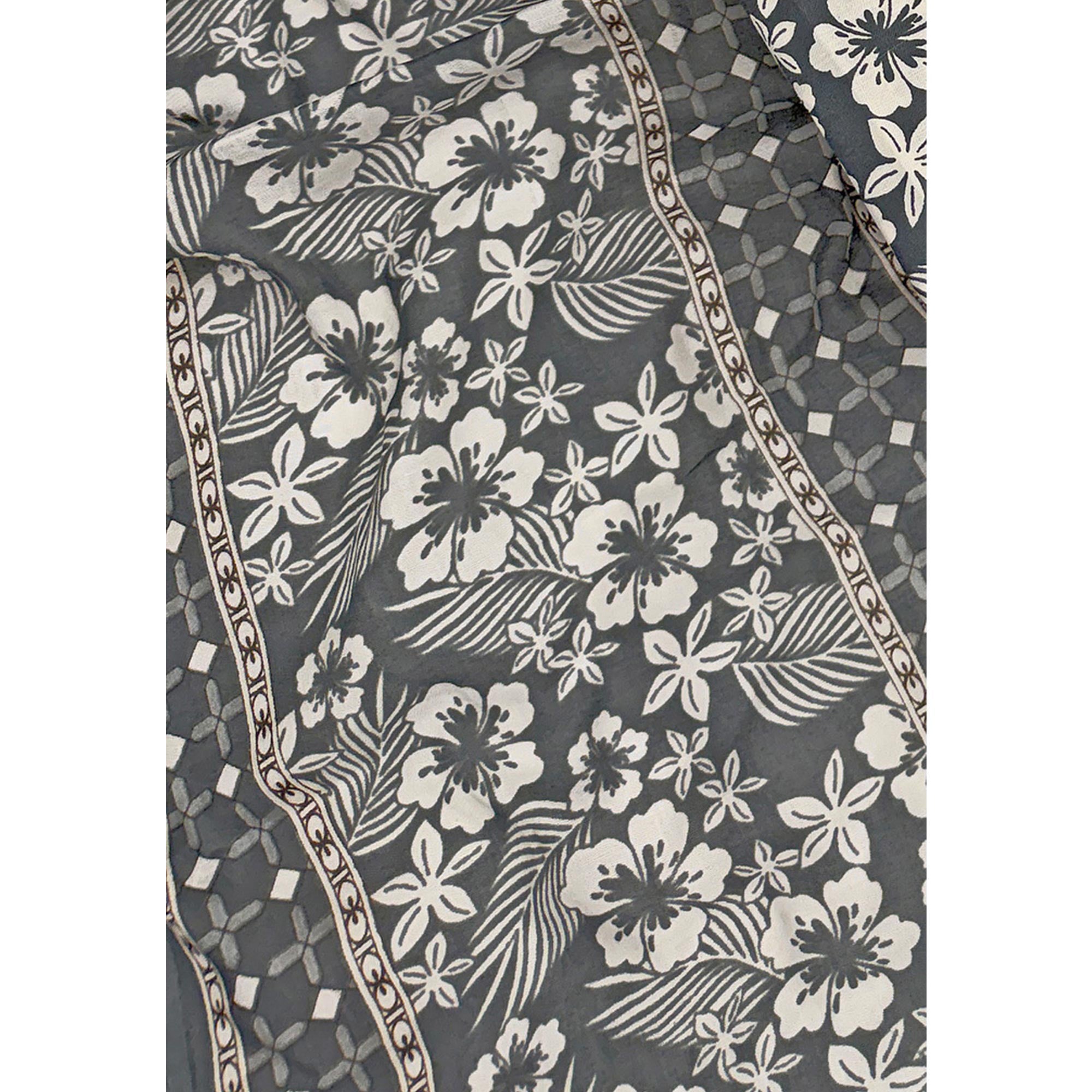 Graceful Grey Floral Printed Cotton Blend Dress Material With Lace Border