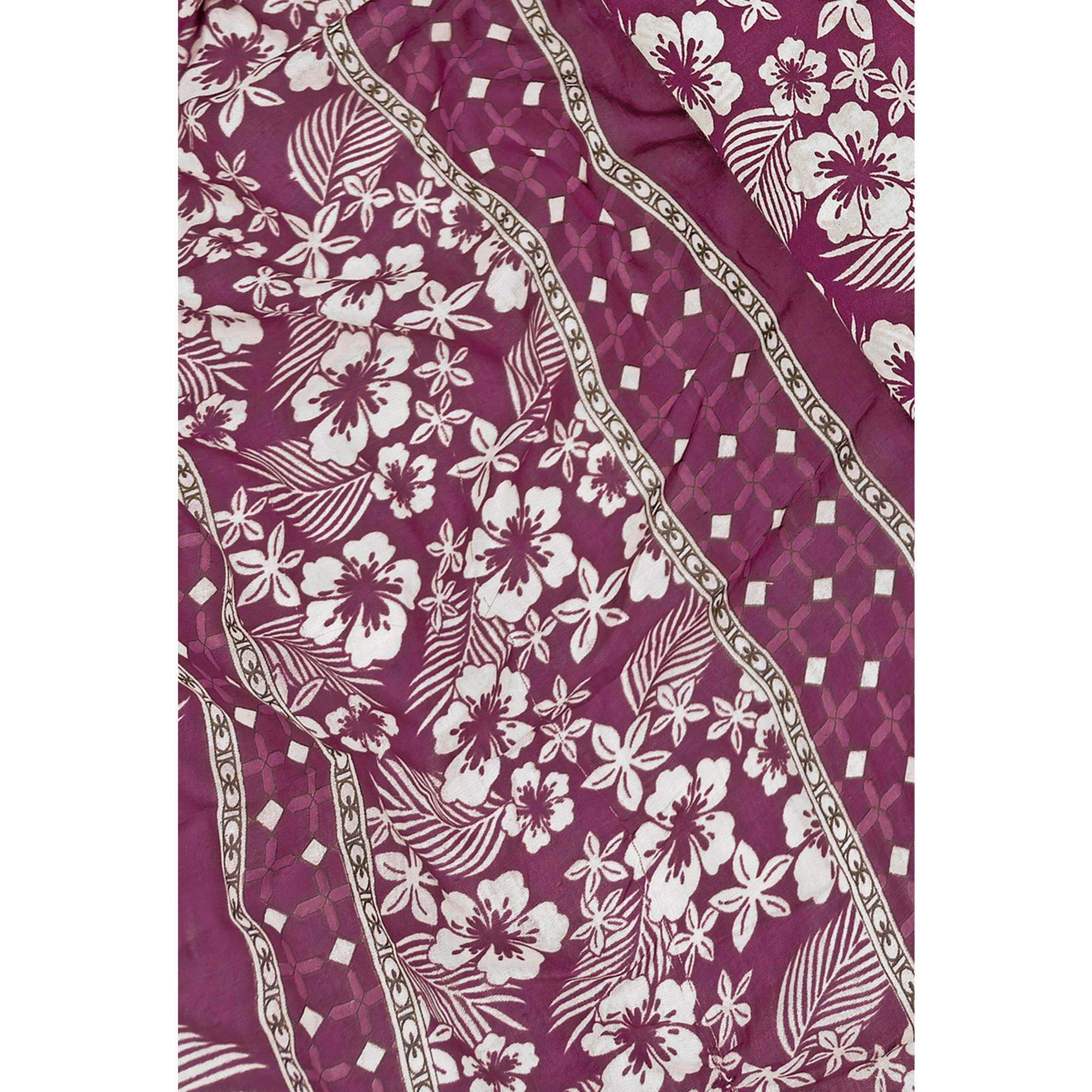 Graceful Wine Floral Printed Cotton Blend Dress Material With Lace Border