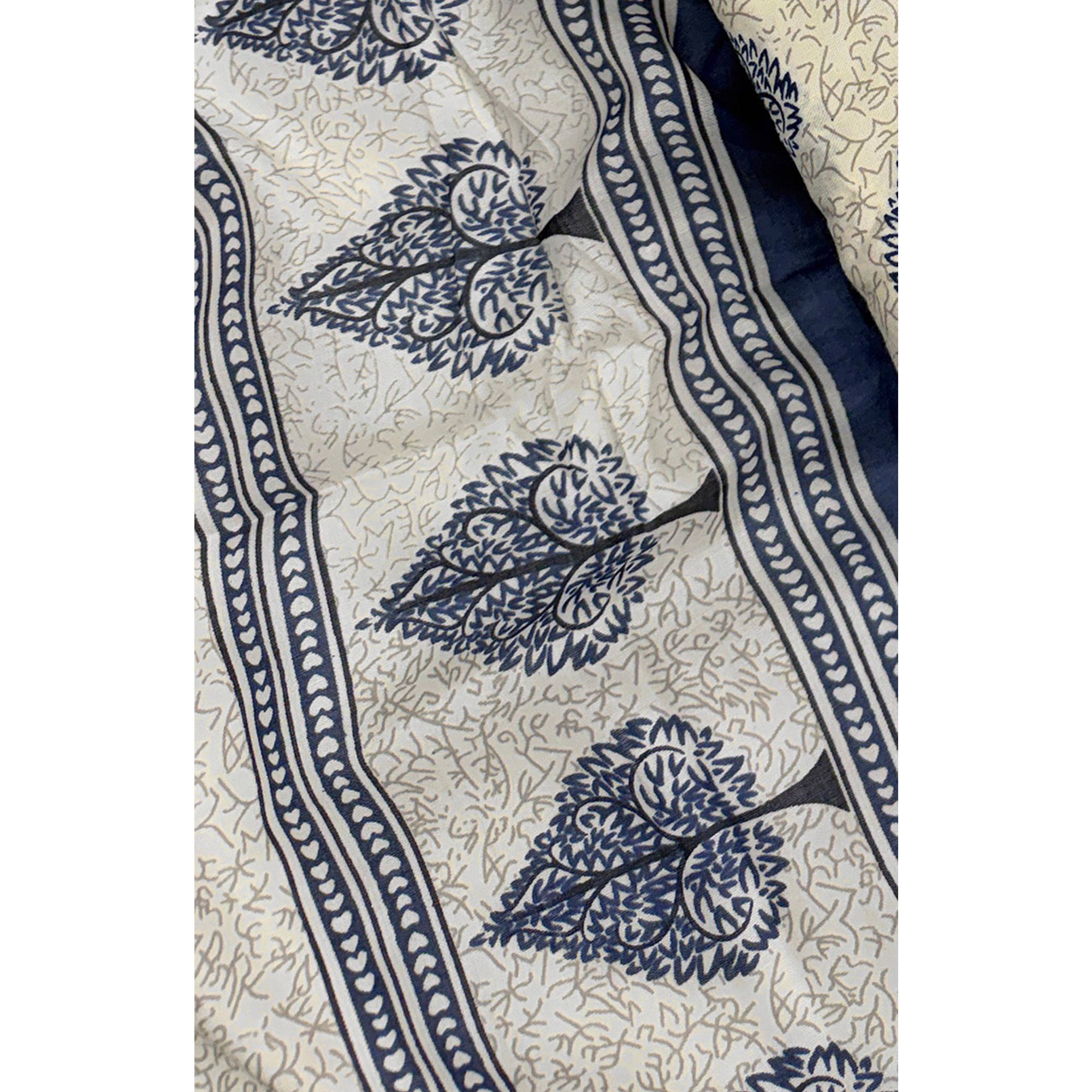 Vibrant Blue Leaf Printed Cotton Blend Dress Material Refined With Lace Border