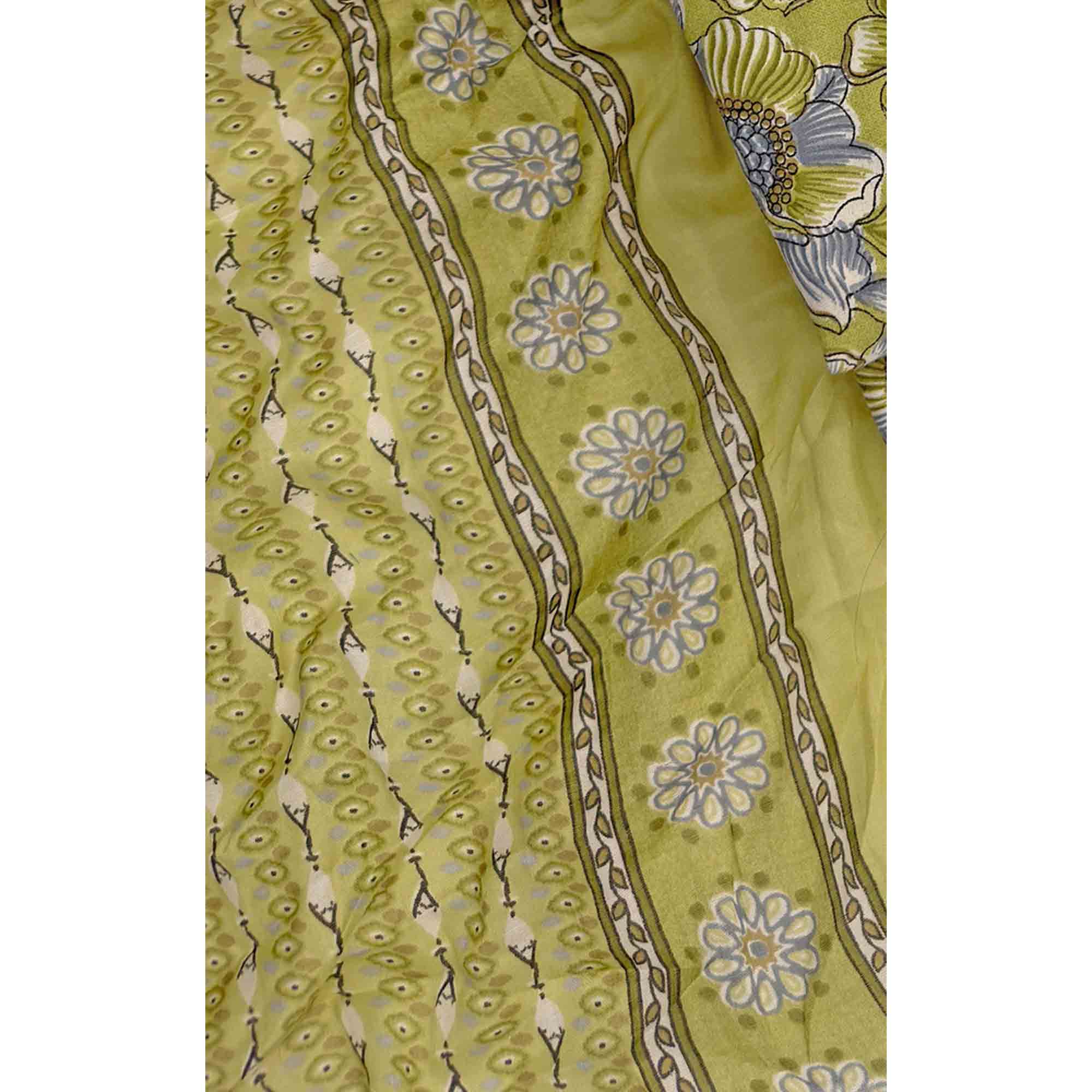 Elegant Olive Green Floral Printed Cotton Blend Dress Material Adorned With Intricate Lace Border