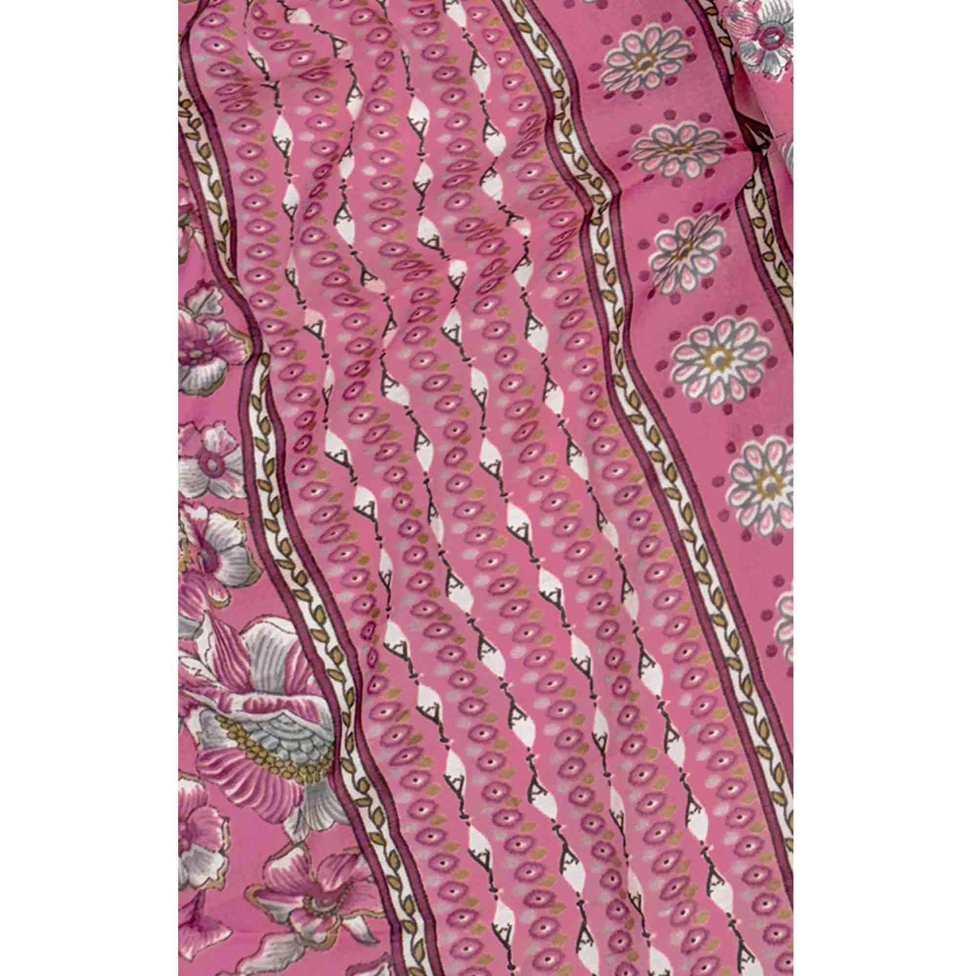 Elegant Pink Floral Printed Cotton Blend Dress Material Adorned With Intricate Lace Border