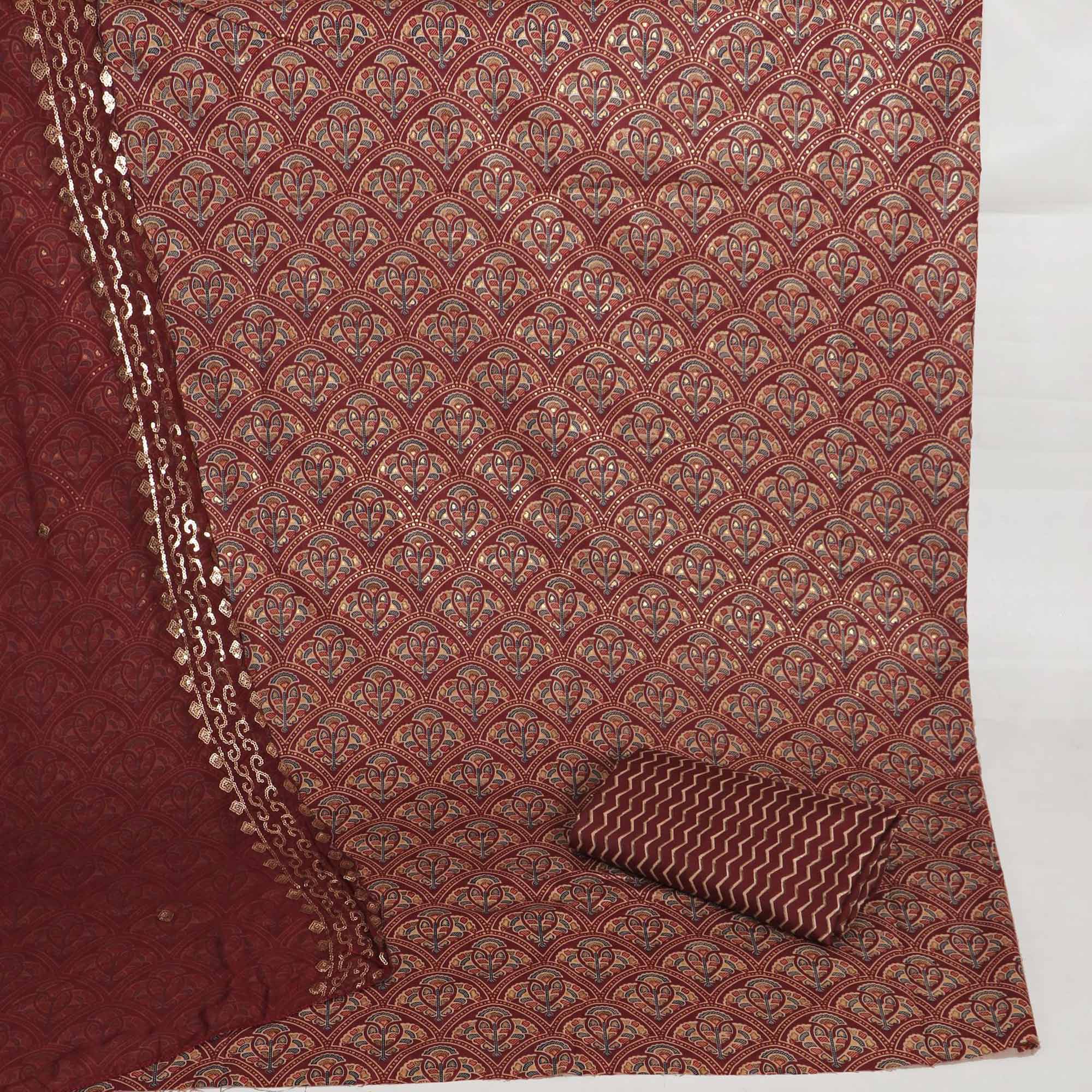 Wine Floral Foil Printed Cotton Blend Dress Material