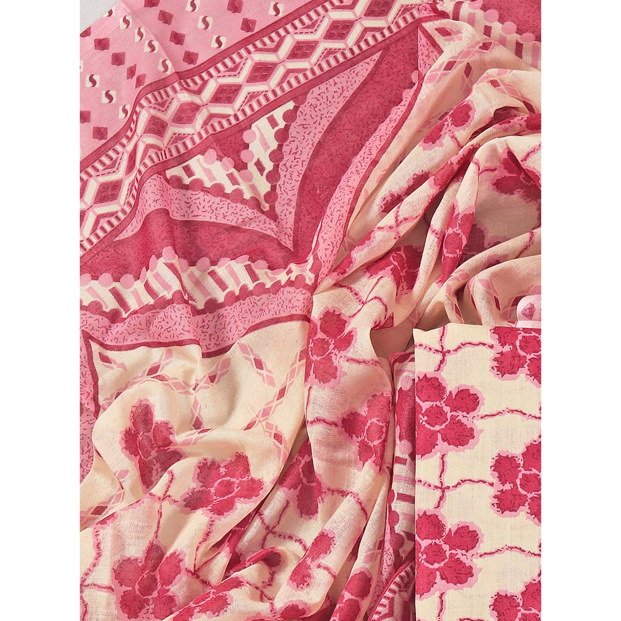 Pink Floral Printed With Gota Patti Work Pure Cotton Dress Material