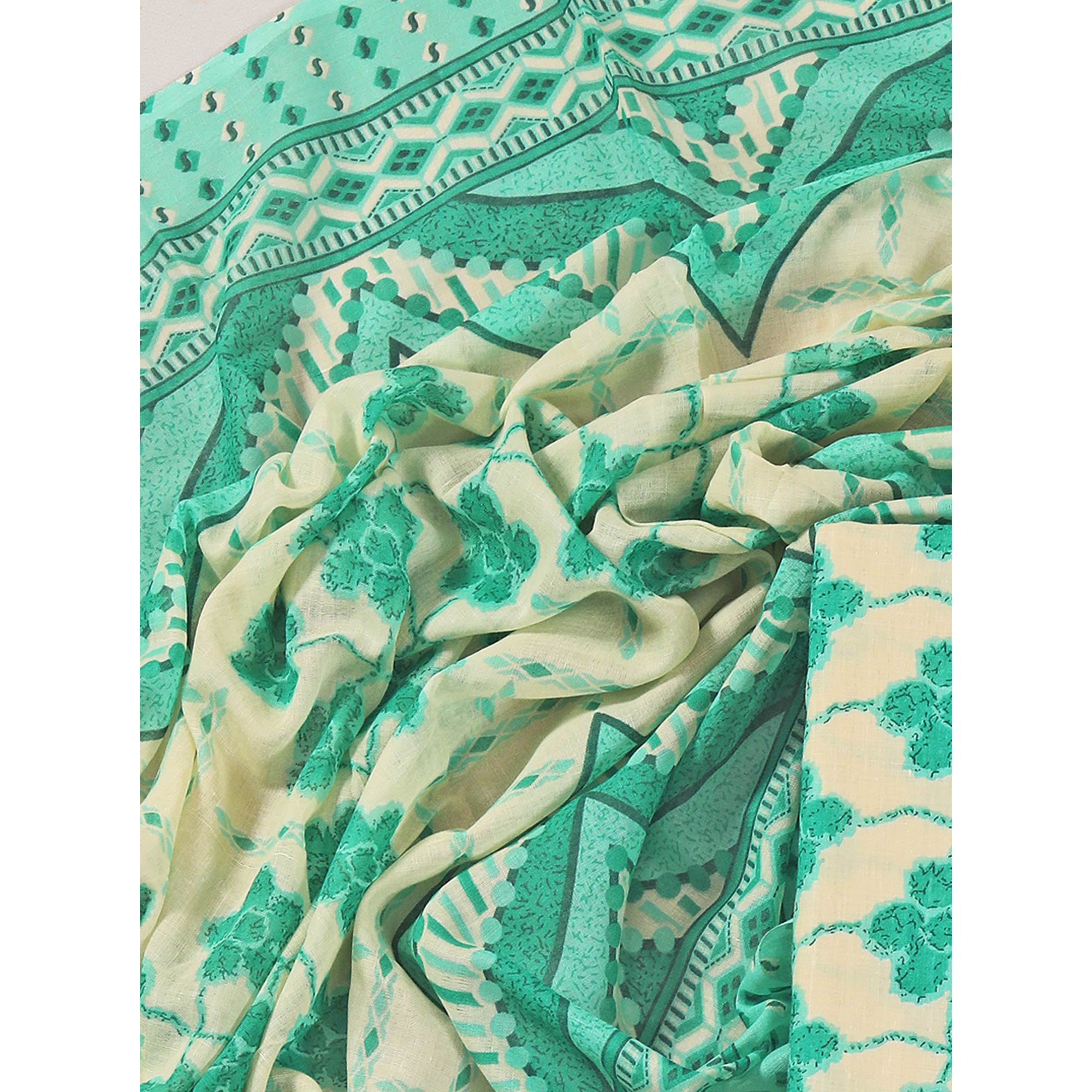Turquoise Floral Printed With Gota Patti Work Pure Cotton Dress Material