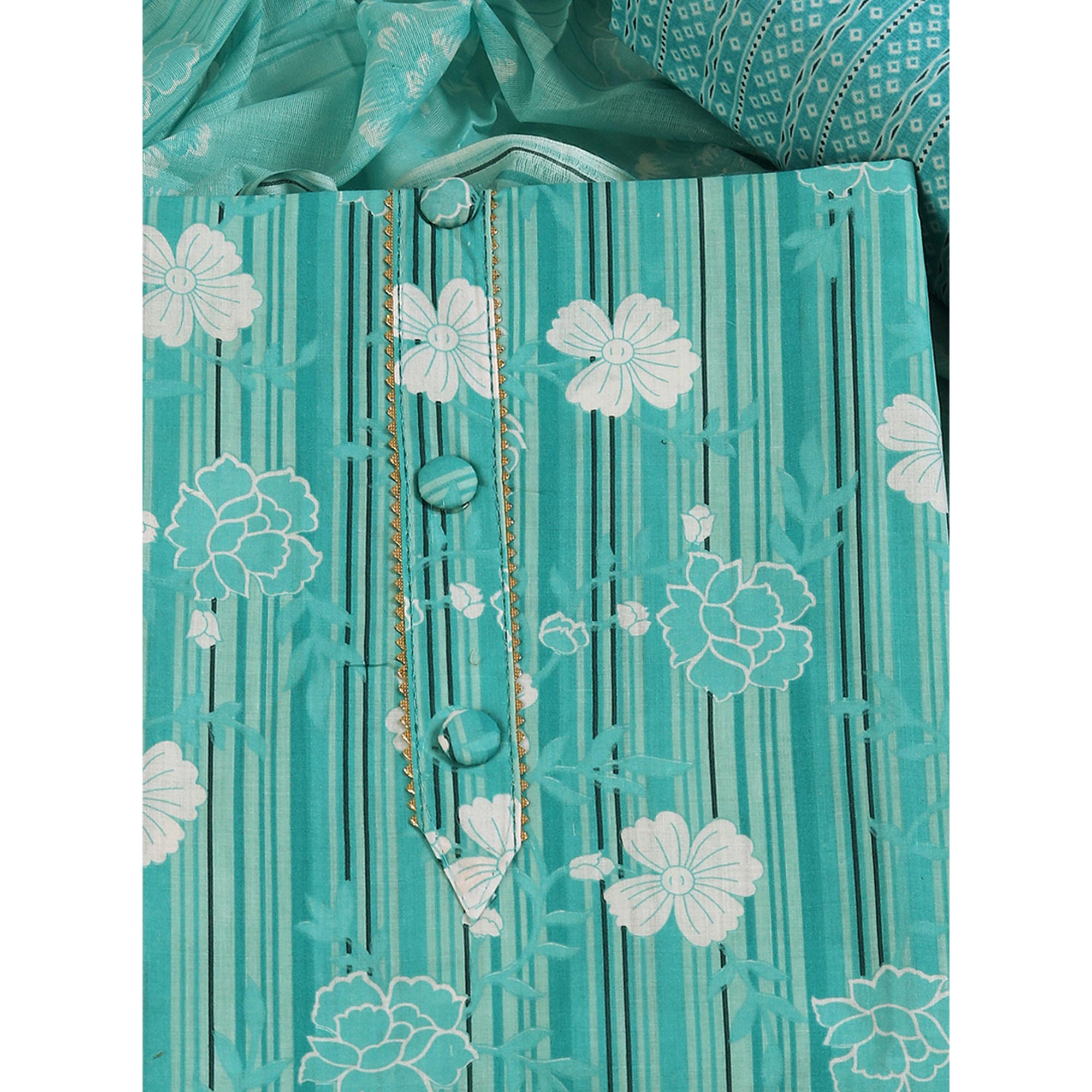 Elegant Sea Green Pure Cotton Ensemble Showcasing Subtle Floral Print Work Dress Material