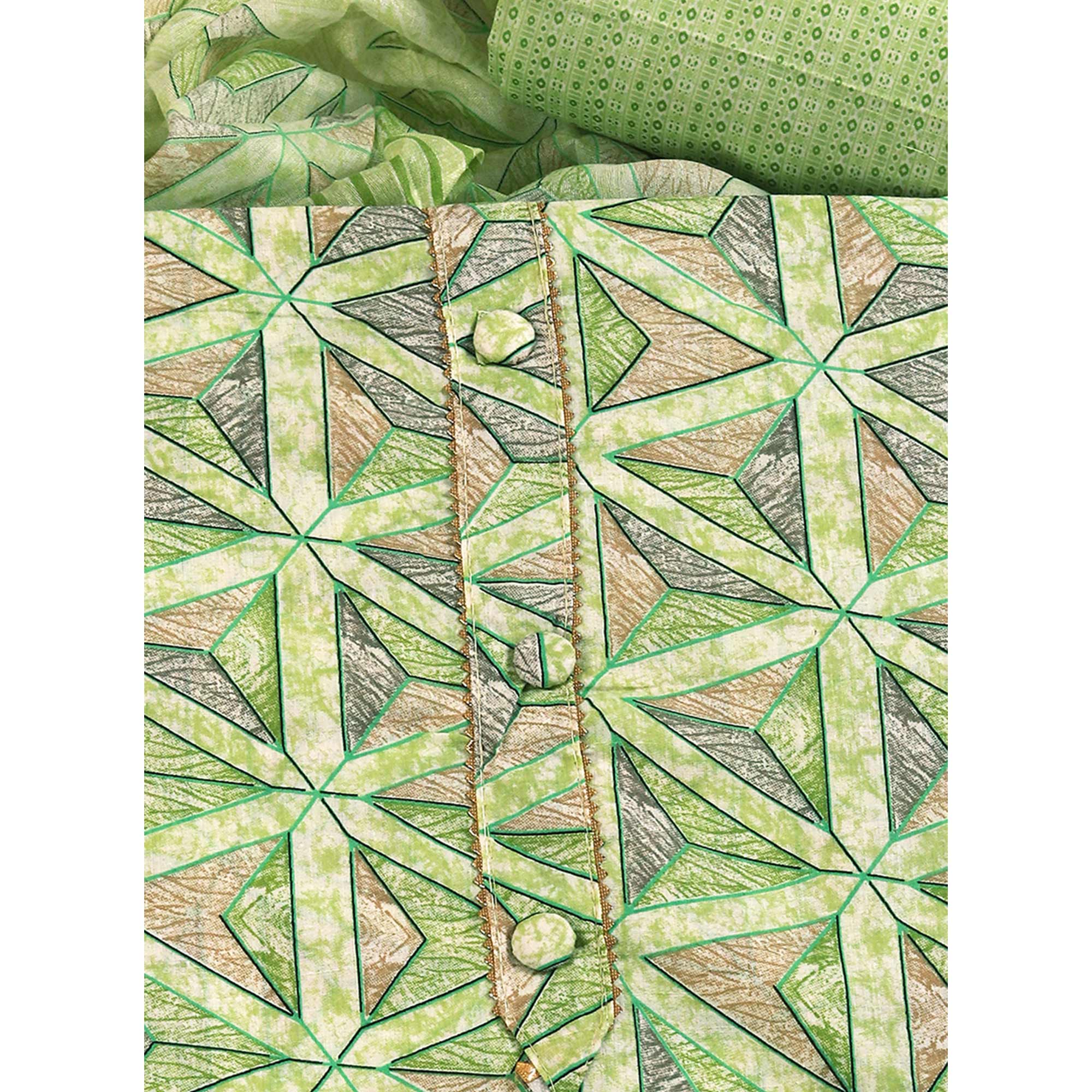 Green Pure Cotton Dress Material with Contemporary Geometric Prints