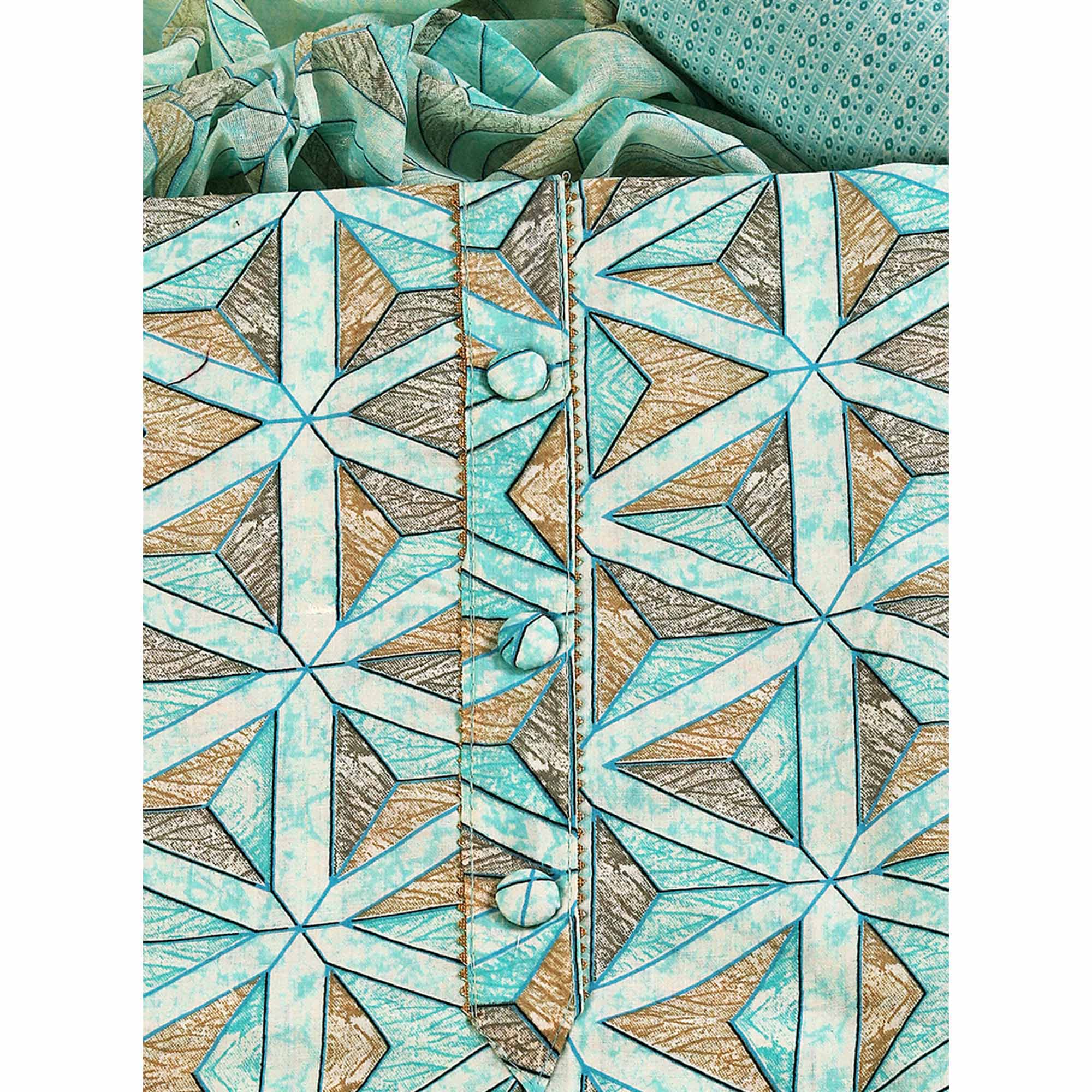 Sea Green Pure Cotton Dress Material with Contemporary Geometric Prints