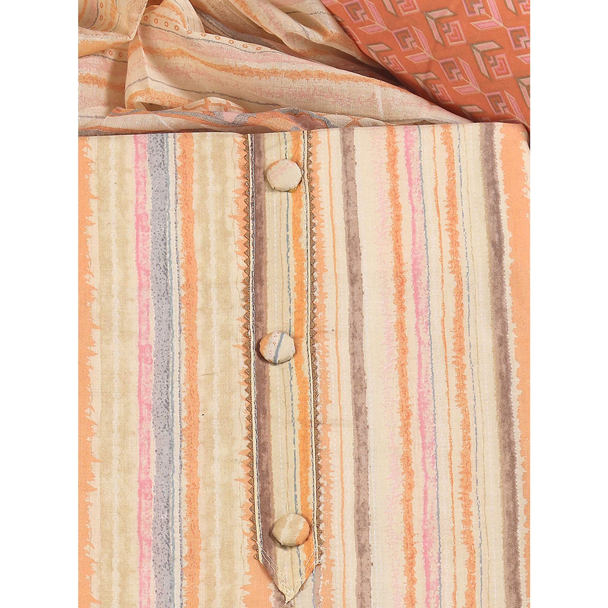 Classic Striped Design in Soft Beige Pure Cotton Unstitched Dress Material