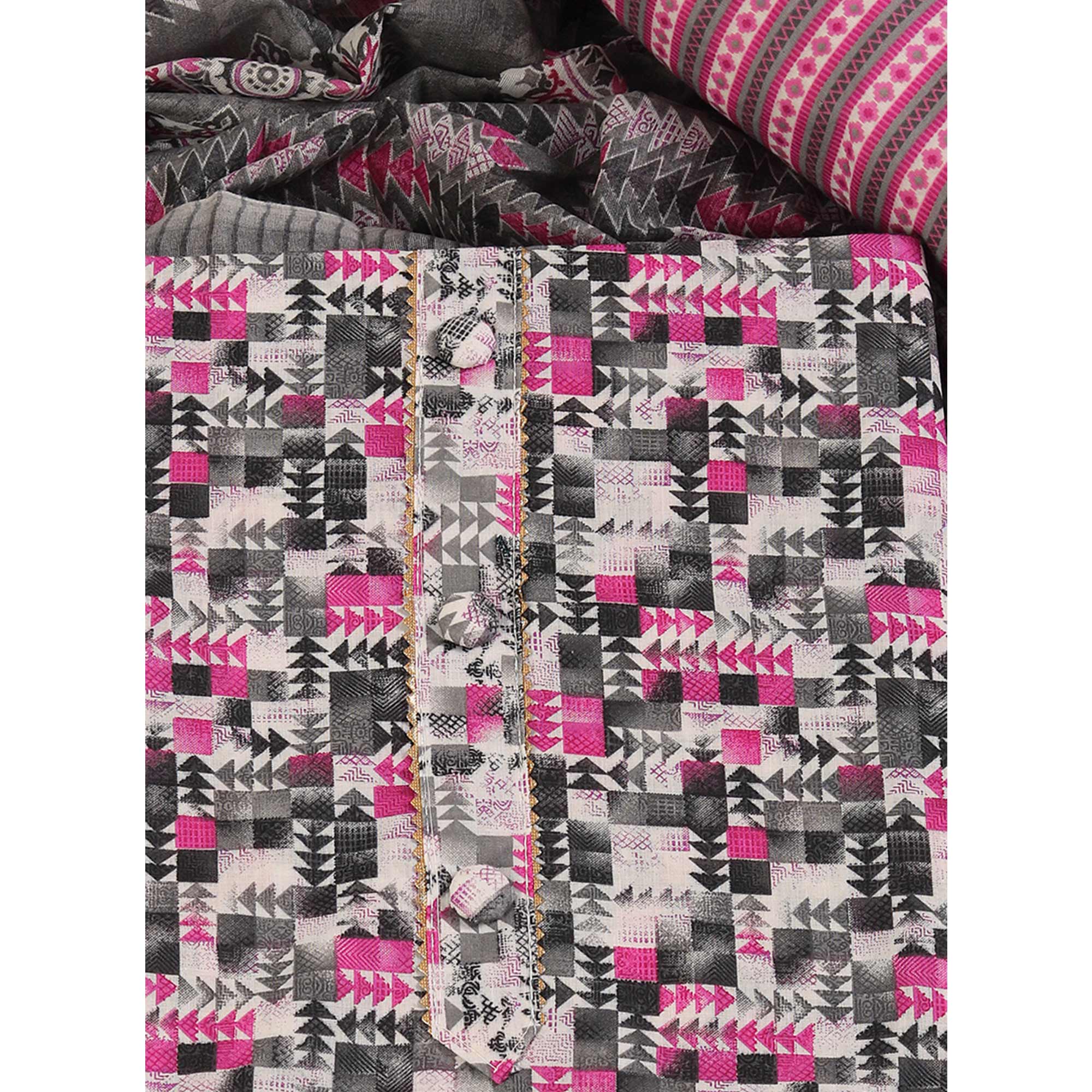 Cotton Dress Material Featuring a Grey and Pink Palette with Artistic Geometric Patterns