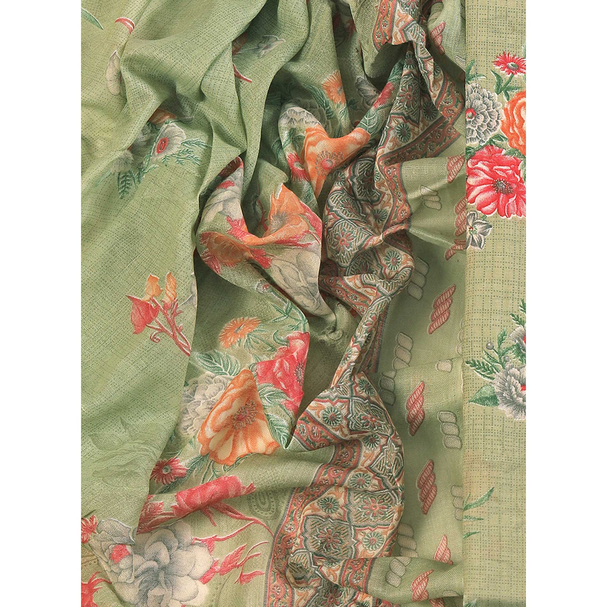 Charming Green Dress Material in Pure Cotton with Subtle Floral Pattern Work