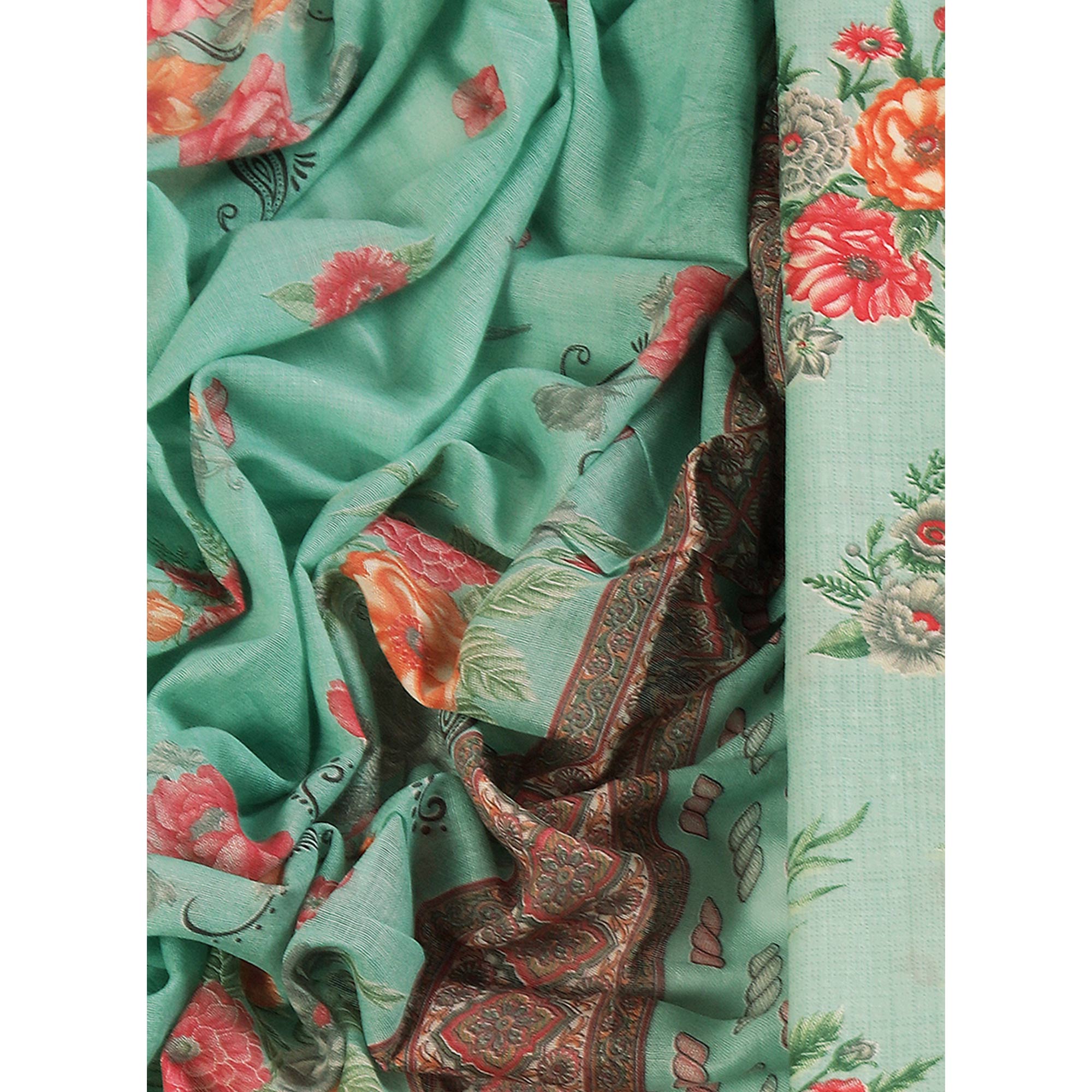 Charming Sea Green Dress Material in Pure Cotton with Subtle Floral Pattern Work