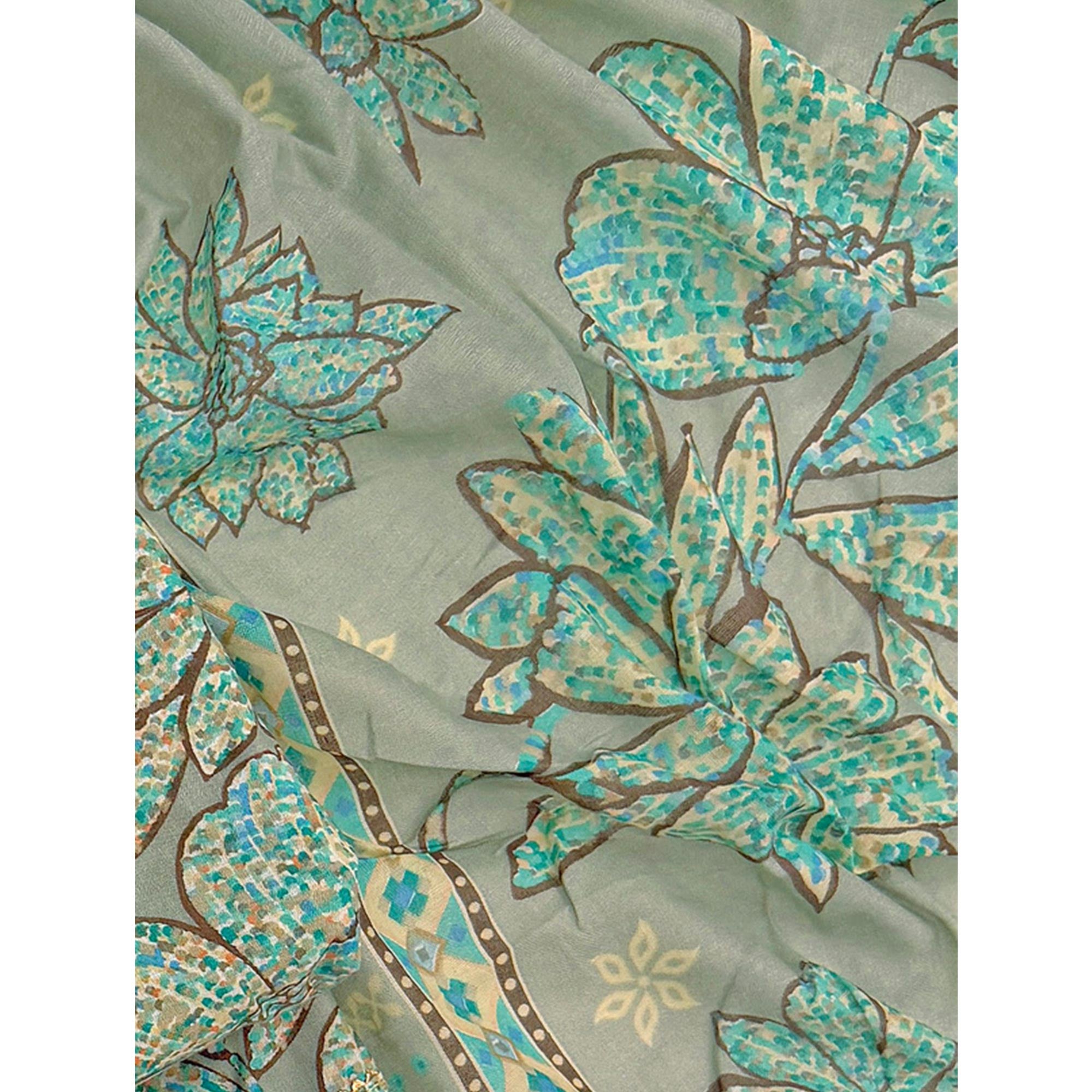 Dusty Sea Green Floral Printed Pure Cotton Dress Material With Elegant Everyday Appeal