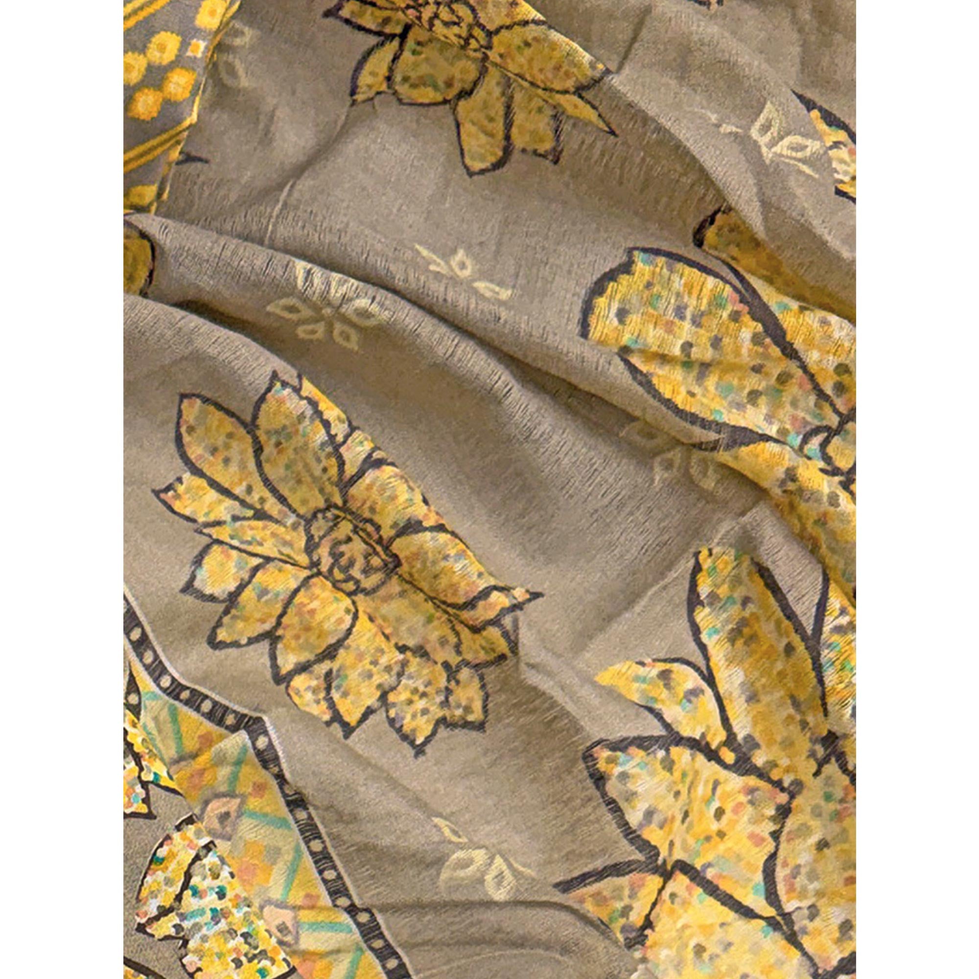 Brown & Yellow Floral Printed Pure Cotton Dress Material With Elegant Everyday Appeal