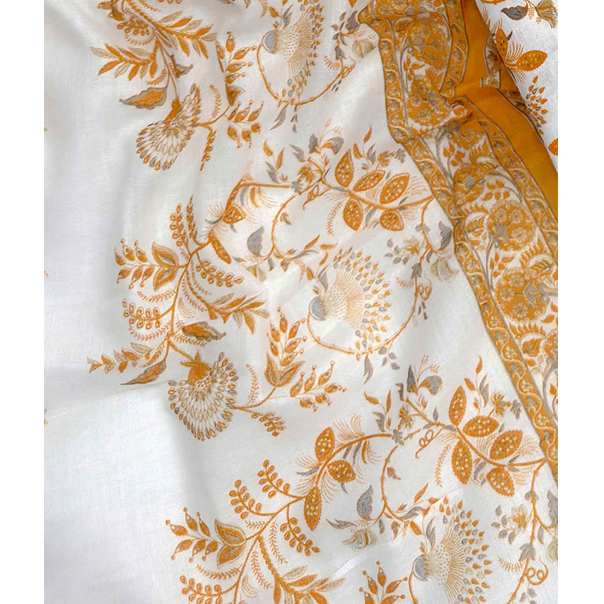 Elegant Mustard Floral Printed Pure Cotton Dress Material With Tie Neck & Fancy Button