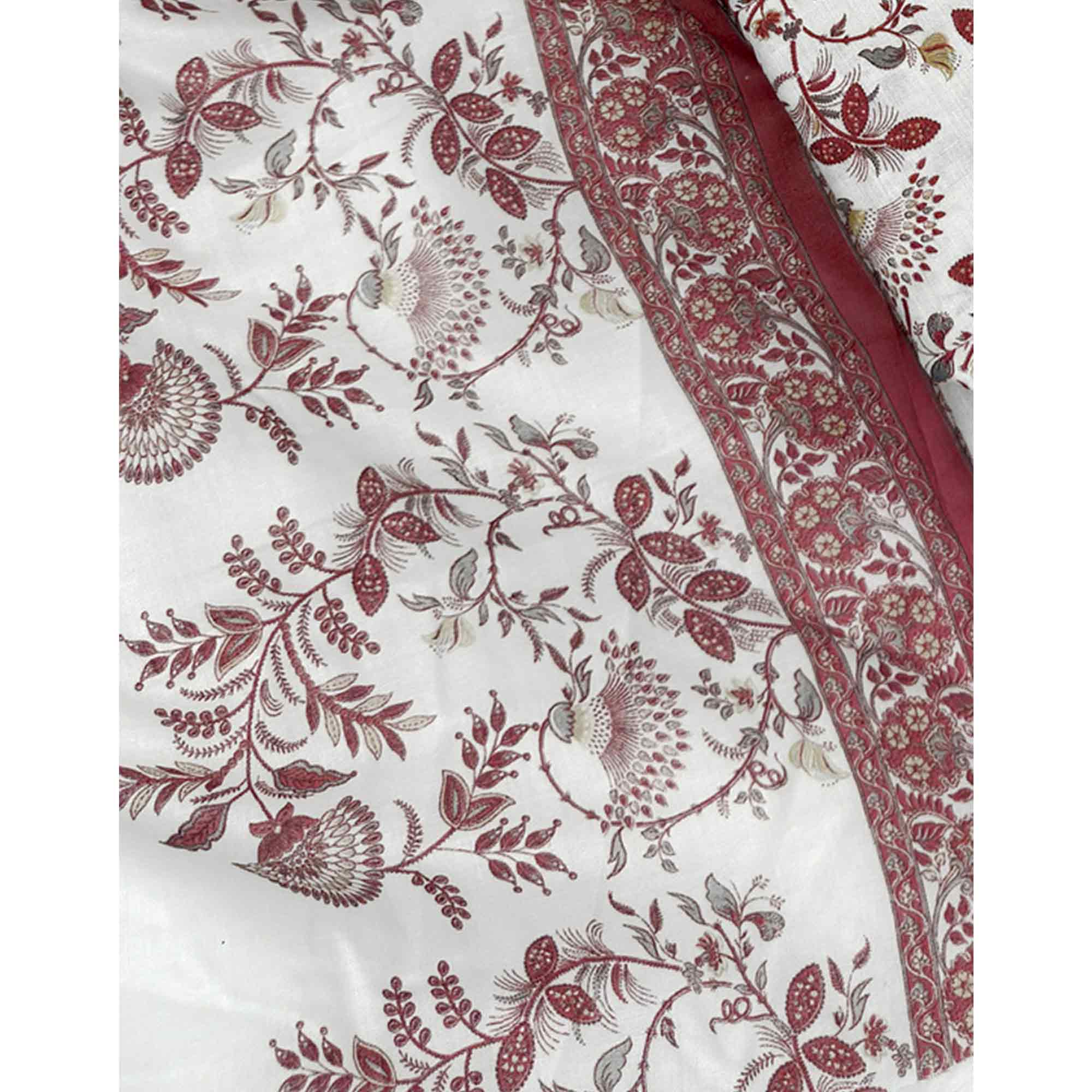 Elegant Maroon Floral Printed Pure Cotton Dress Material With Tie Neck & Fancy Button