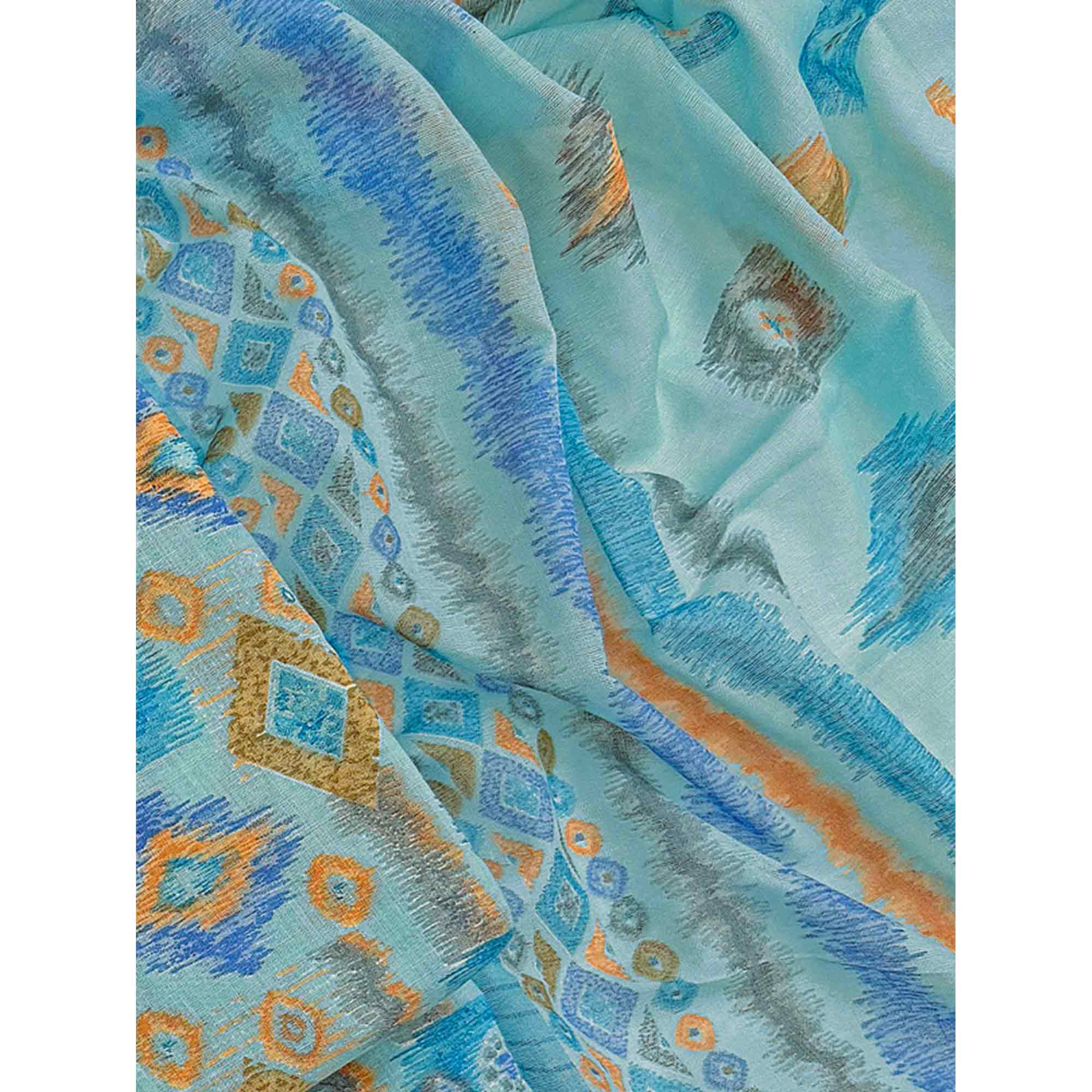 Blue Contemporary Ikat & Geometric Style Print Pure Cotton Dress Material With Decorative Button