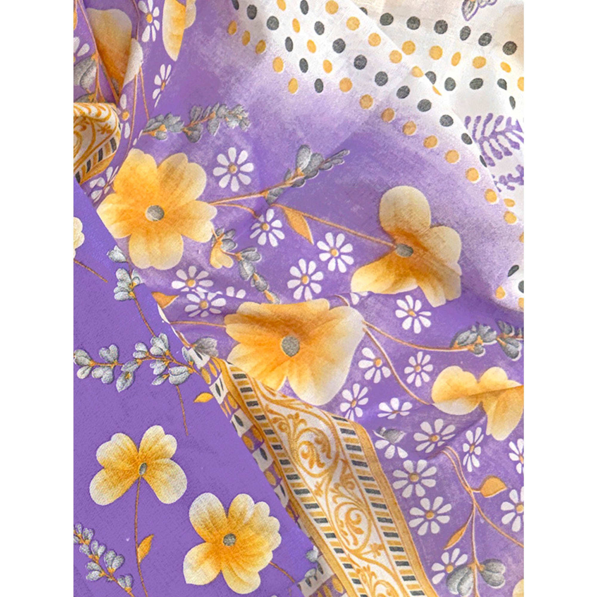 Lavender Floral Printed Pure Cotton Dress Material With Stylish Tie Neck & Fancy Button Work