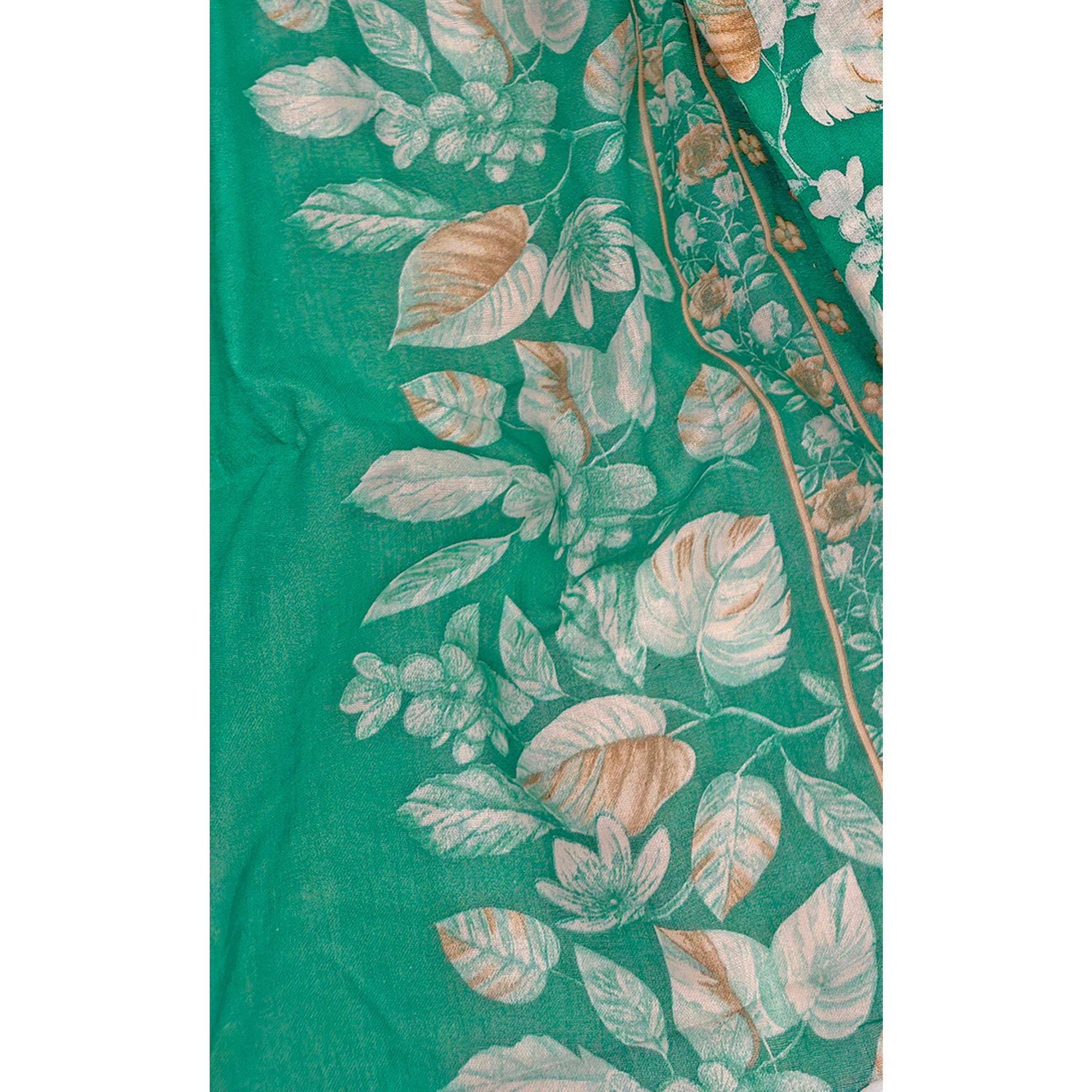Charming Green Pure Cotton Dress Material Featuring Floral Print With Tie On Neck & Fancy Button