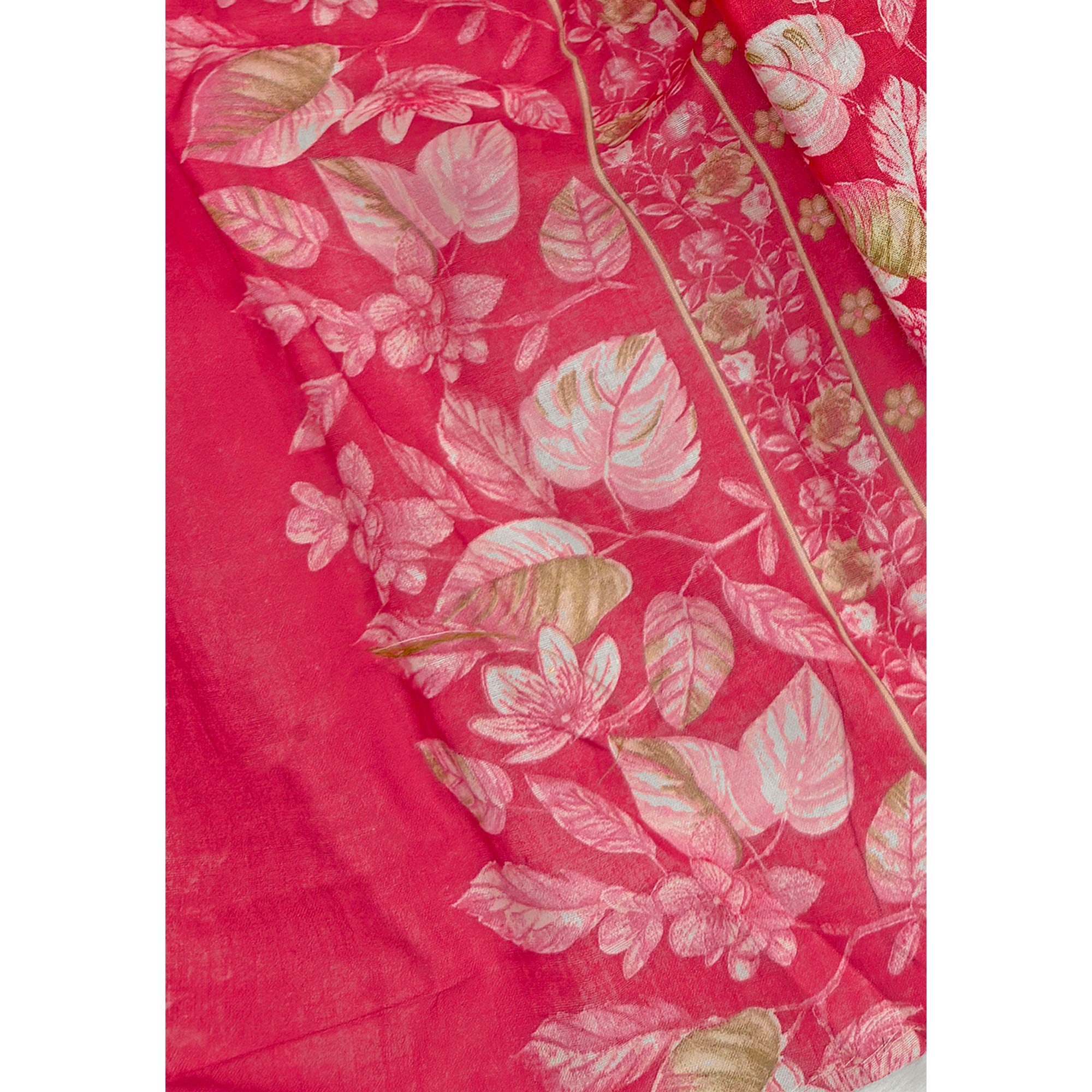 Cherry Red Pure Cotton Dress Material Featuring Floral Print With Tie On Neck & Fancy Button