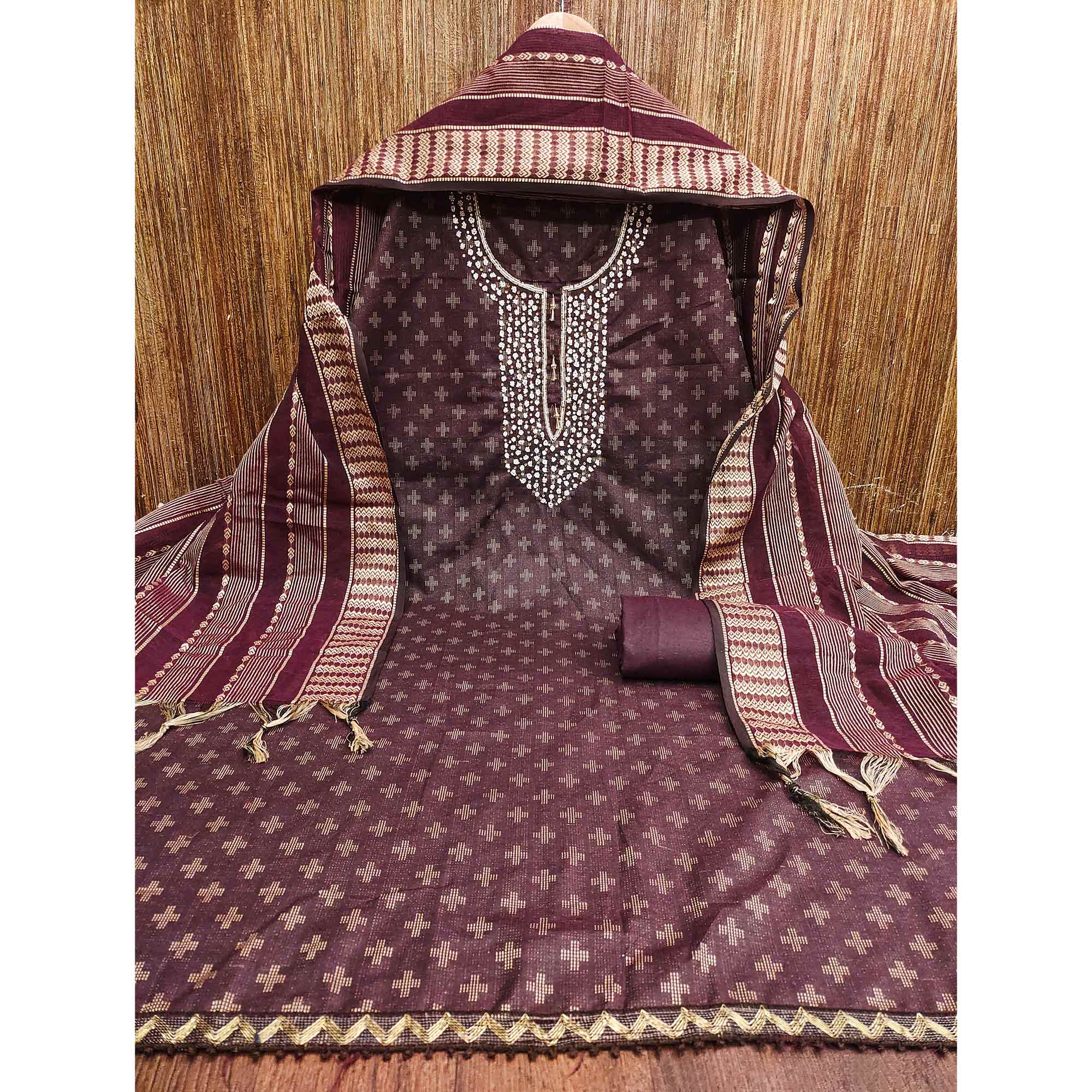 Wine Woven With Handwork Cotton Blend Dress Material