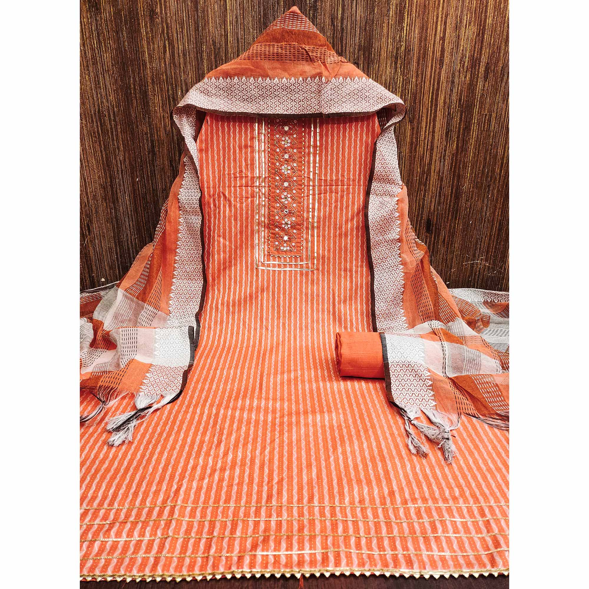 Orange Woven With Handwork Cotton Blend Dress Material