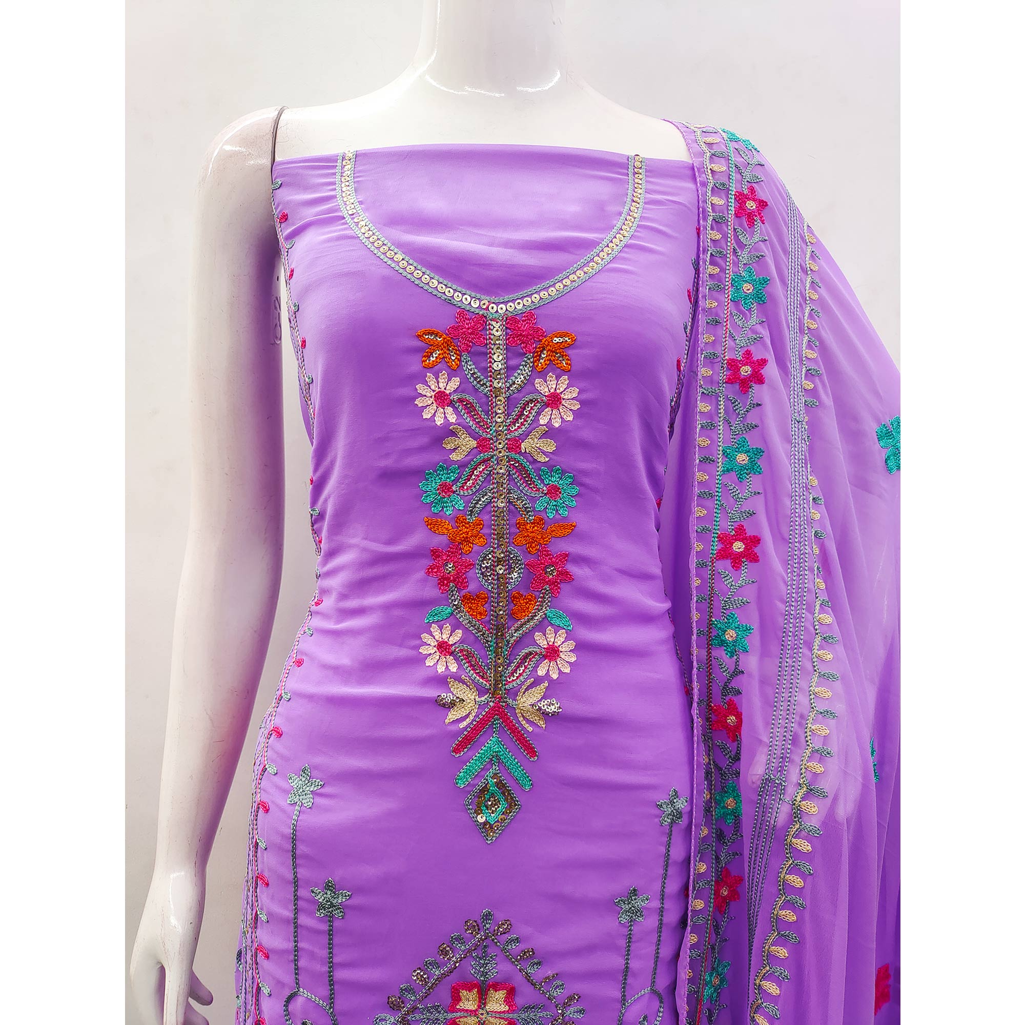 Lavender Floral Sequins Embroidered Georgette Dress Material