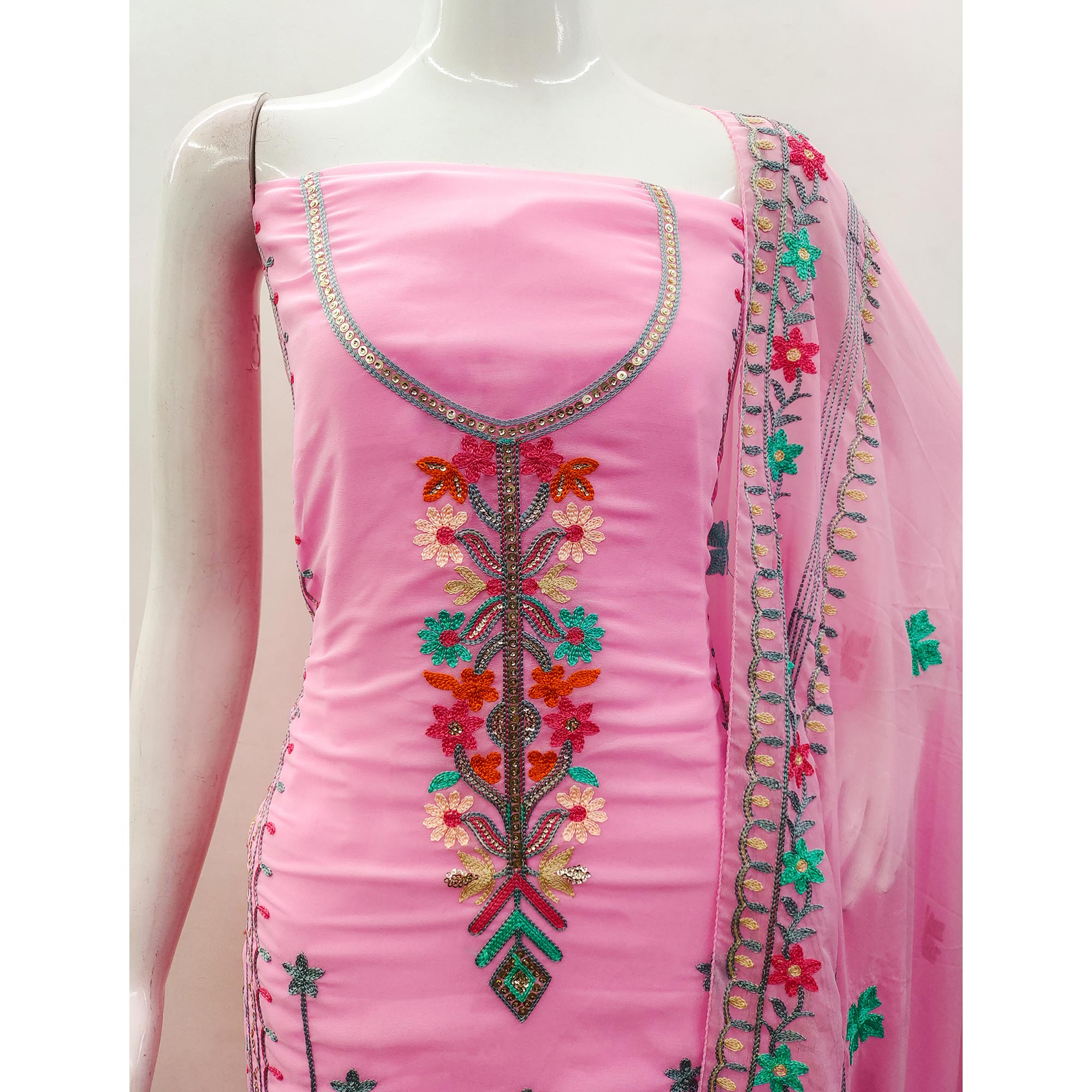 Pink Floral Sequins Embroidered Georgette Dress Material