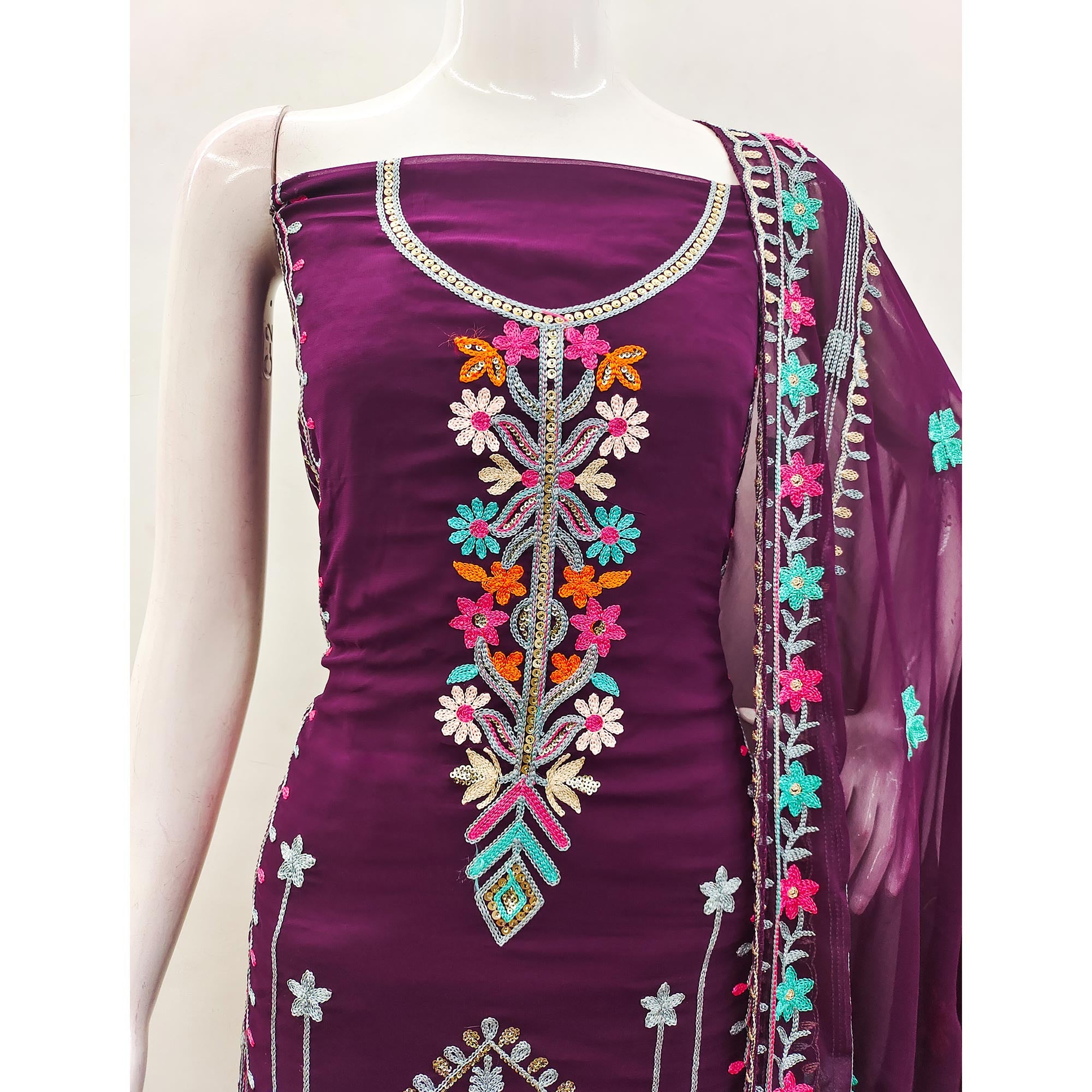 Wine Floral Sequins Embroidered Georgette Dress Material